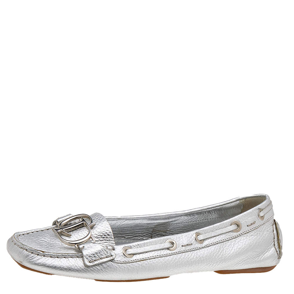 Pre Owned Dior Silver Leather Logo Embellished Slip On Loafers Size 41