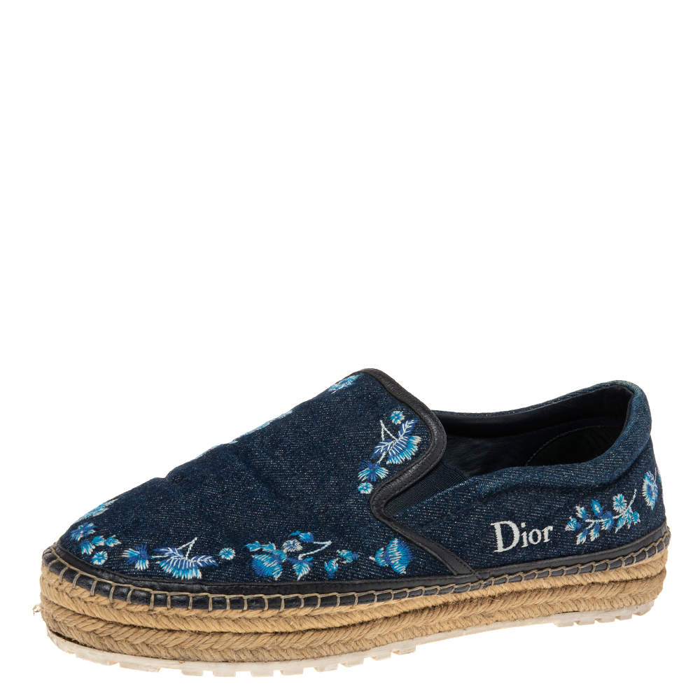 Pre Owned Dior Blue Denim Floral Embroidered Denim Prairie Espadrille Flats Size 39.5