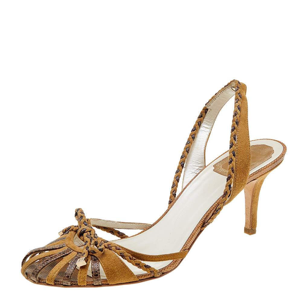 Dior Brown Karung and Suede Braid Bow Slingback Sandals Size 40.5