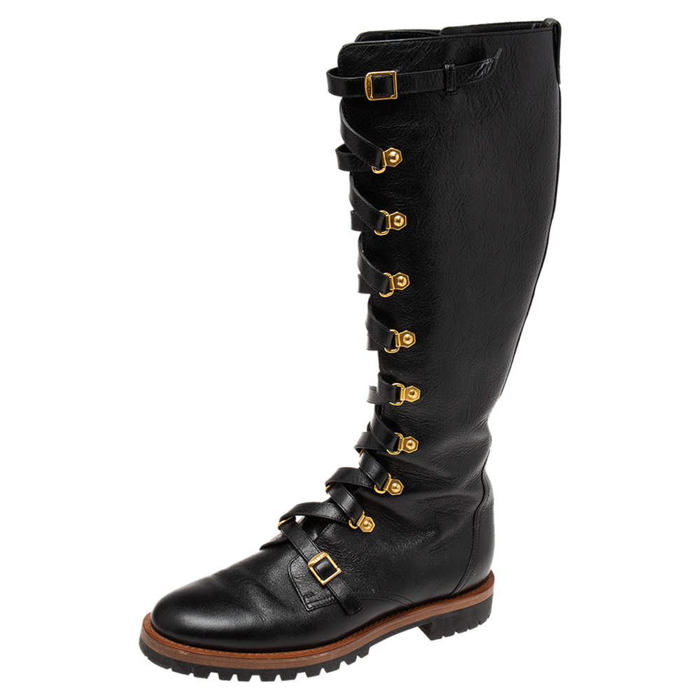 مملوكة مسبقًا Dior Black Leather Wildior Knee Length Combat Boots Size 40