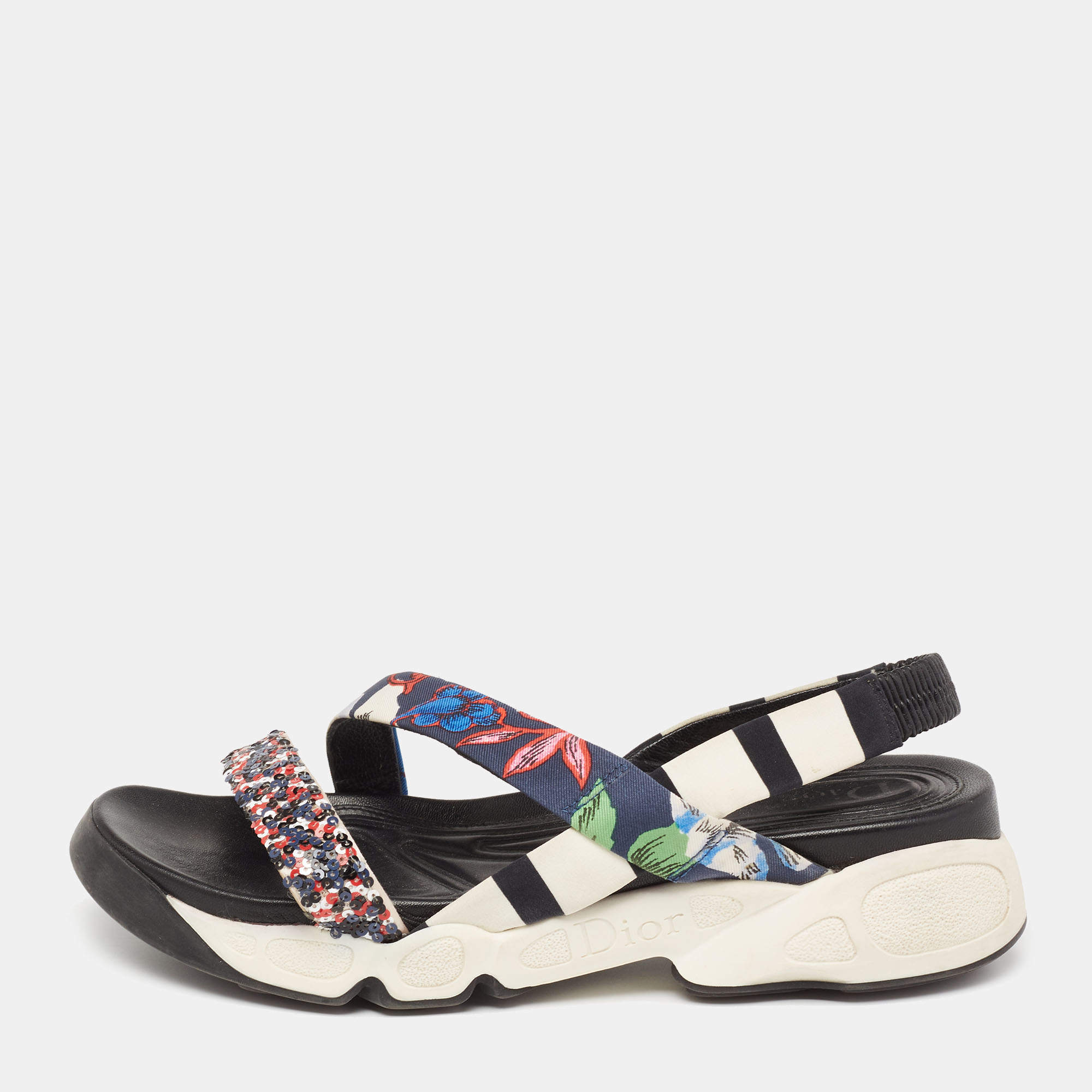 Dior Multicolor Print Canvas And Sequin Trio Fusion Slingback Sandals Size 37