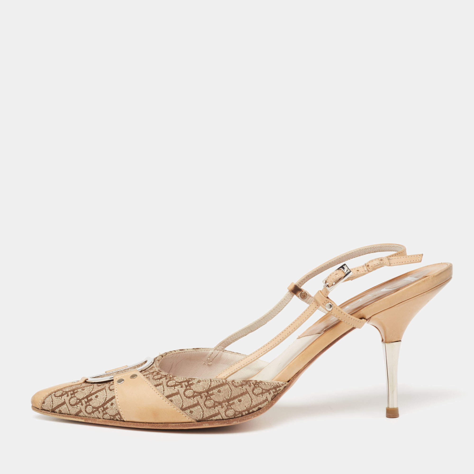 Pre Owned Dior Beige/Brown Canvas And Leather Slingback Sandals Size 38