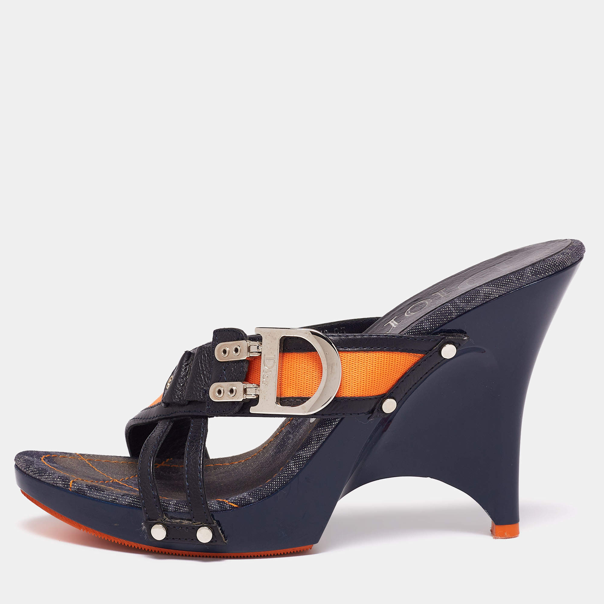 Dior Navy Blue/Orange Leather and Canvas Slide Sandals Size 39.5