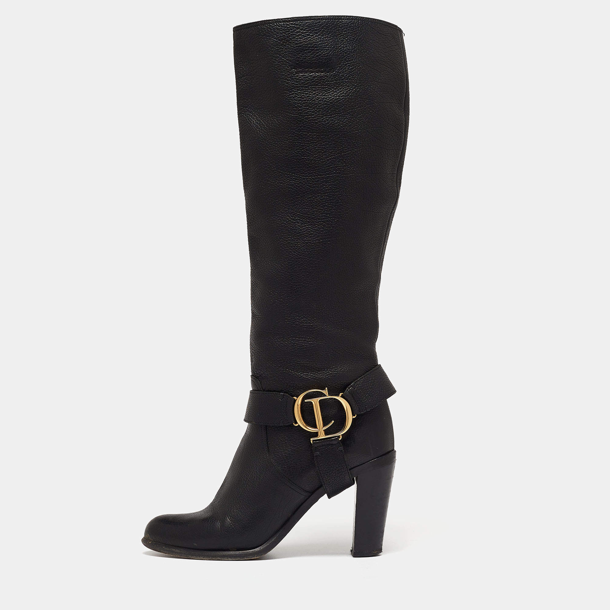 Pre Owned Dior Black Leather CD Buckle Calf Length Boots Size 38
