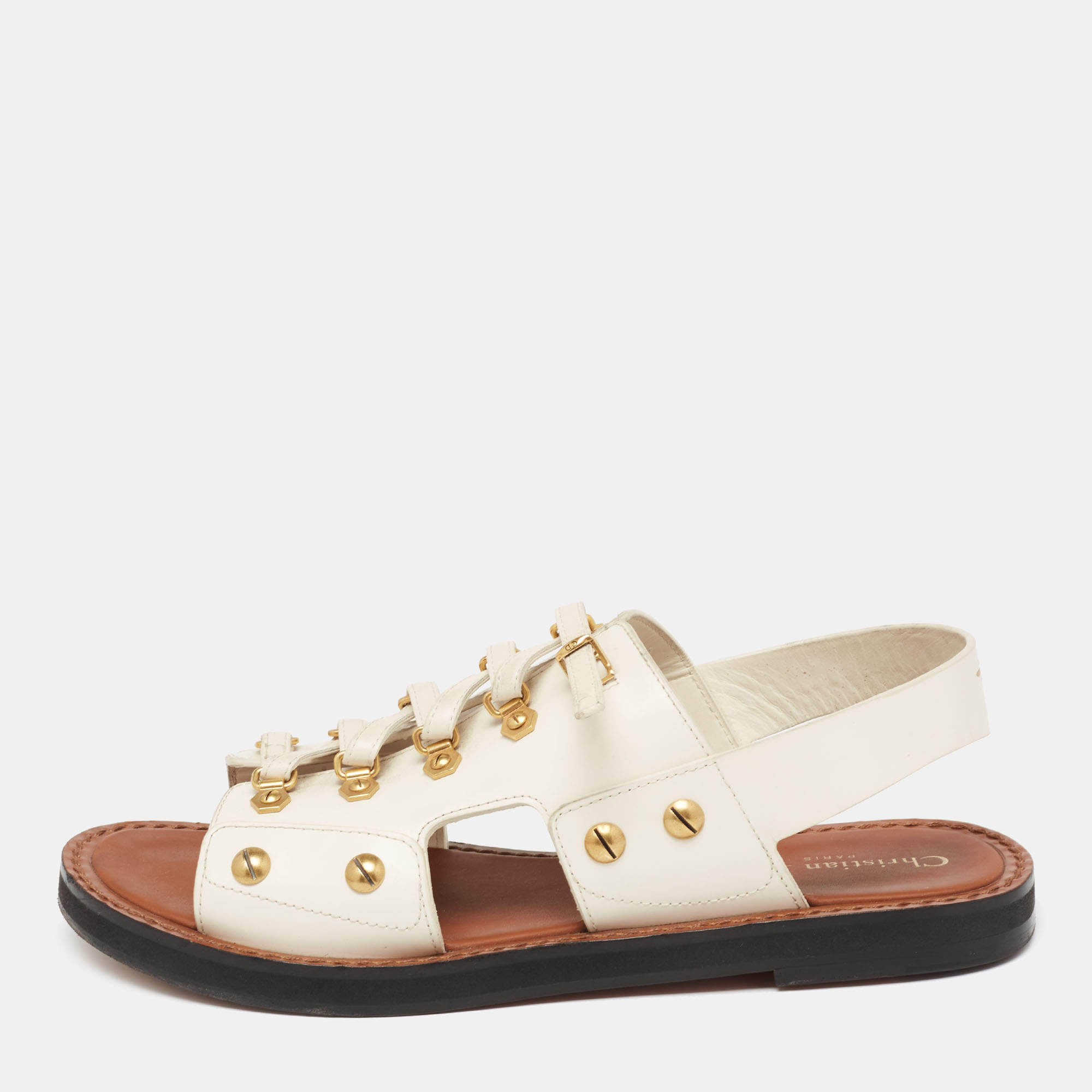 مملوكة مسبقًا صندل ديور وايلد ديور فلات جلد كريمي فتحة كعب مقاس 40