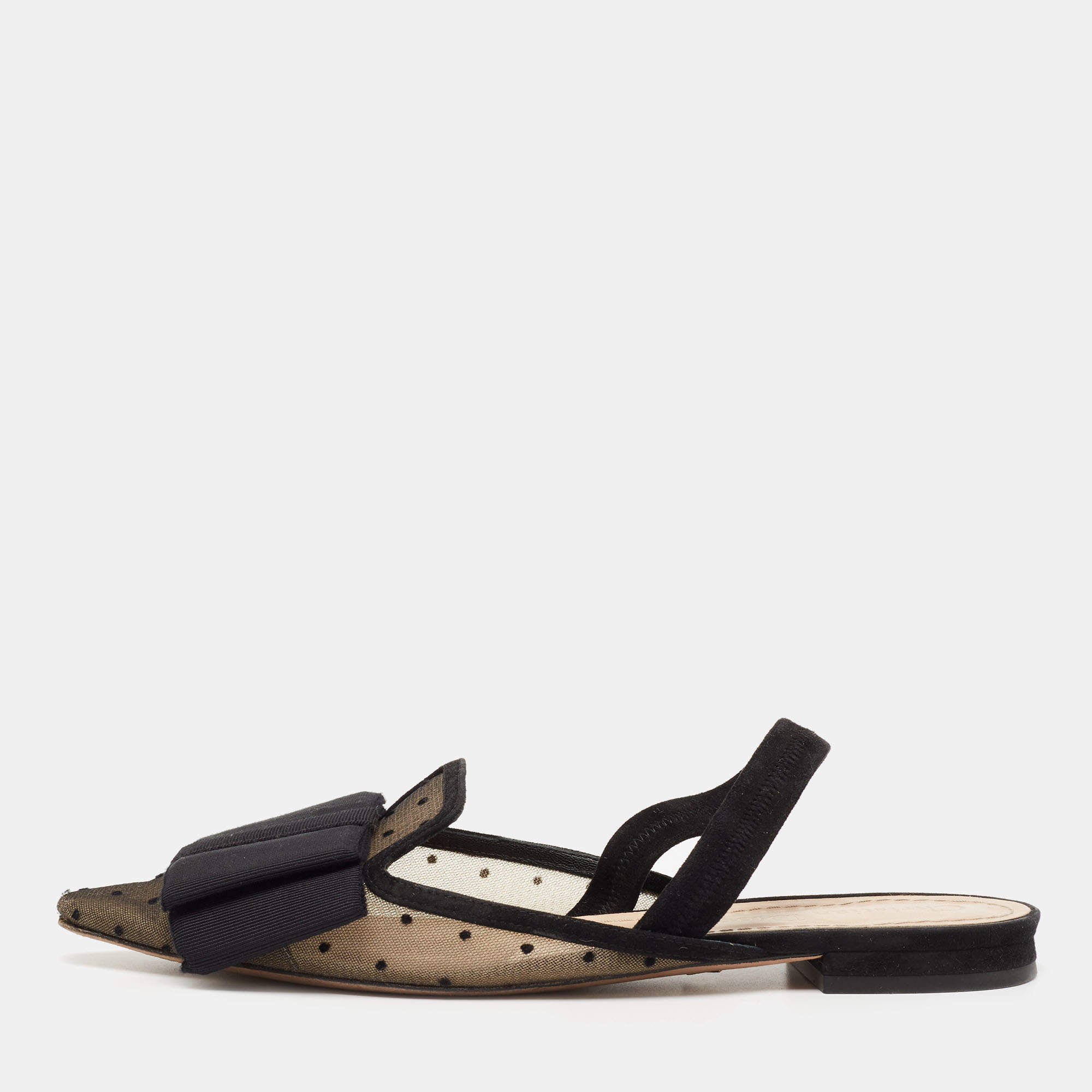 Pre Owned Dior Black Mesh And Suede Trim Polka Dot Bow Slingback Flats Size 36