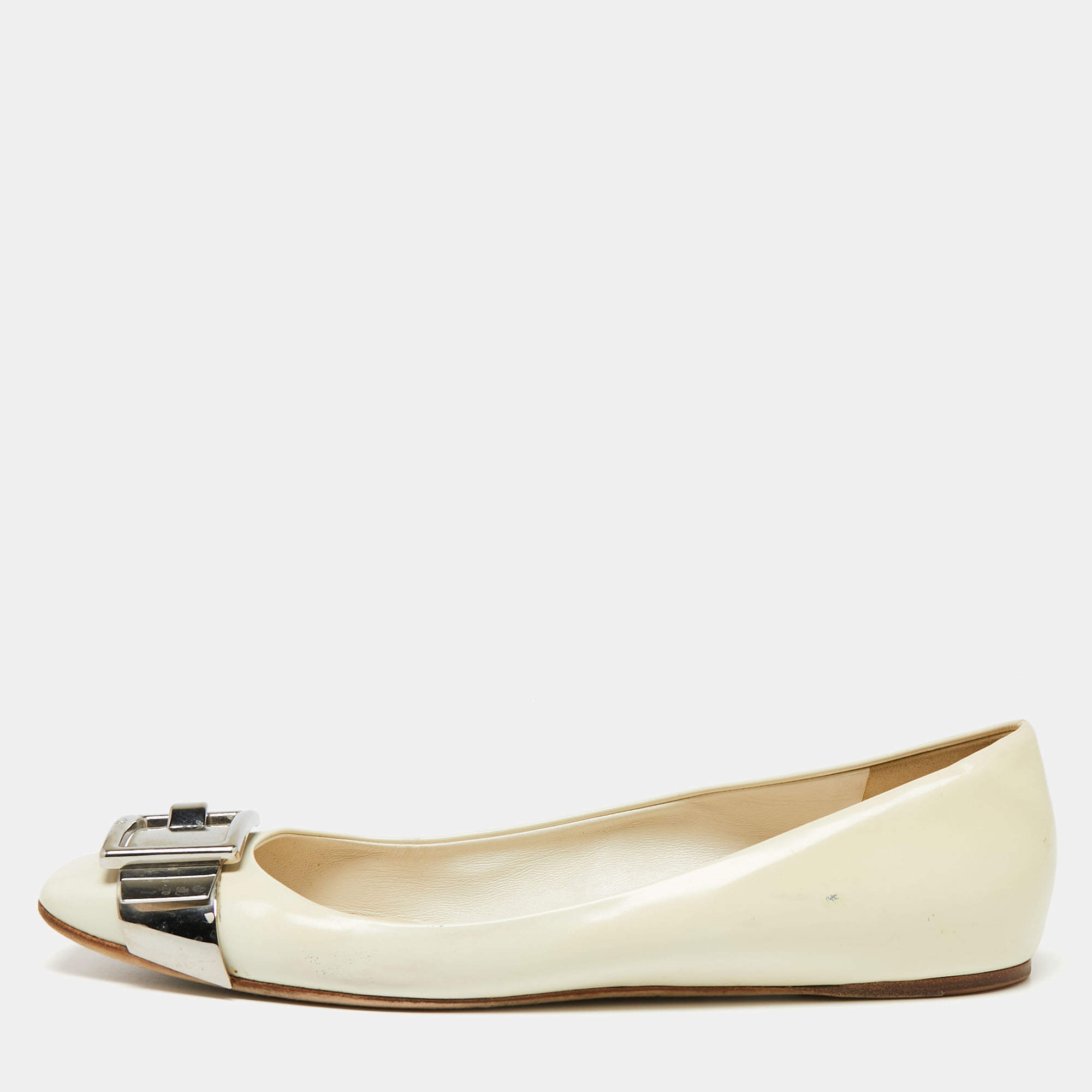 Pre Owned Dior Cream Patent Leather Metal Buckle Ballet Flats Size 41.5