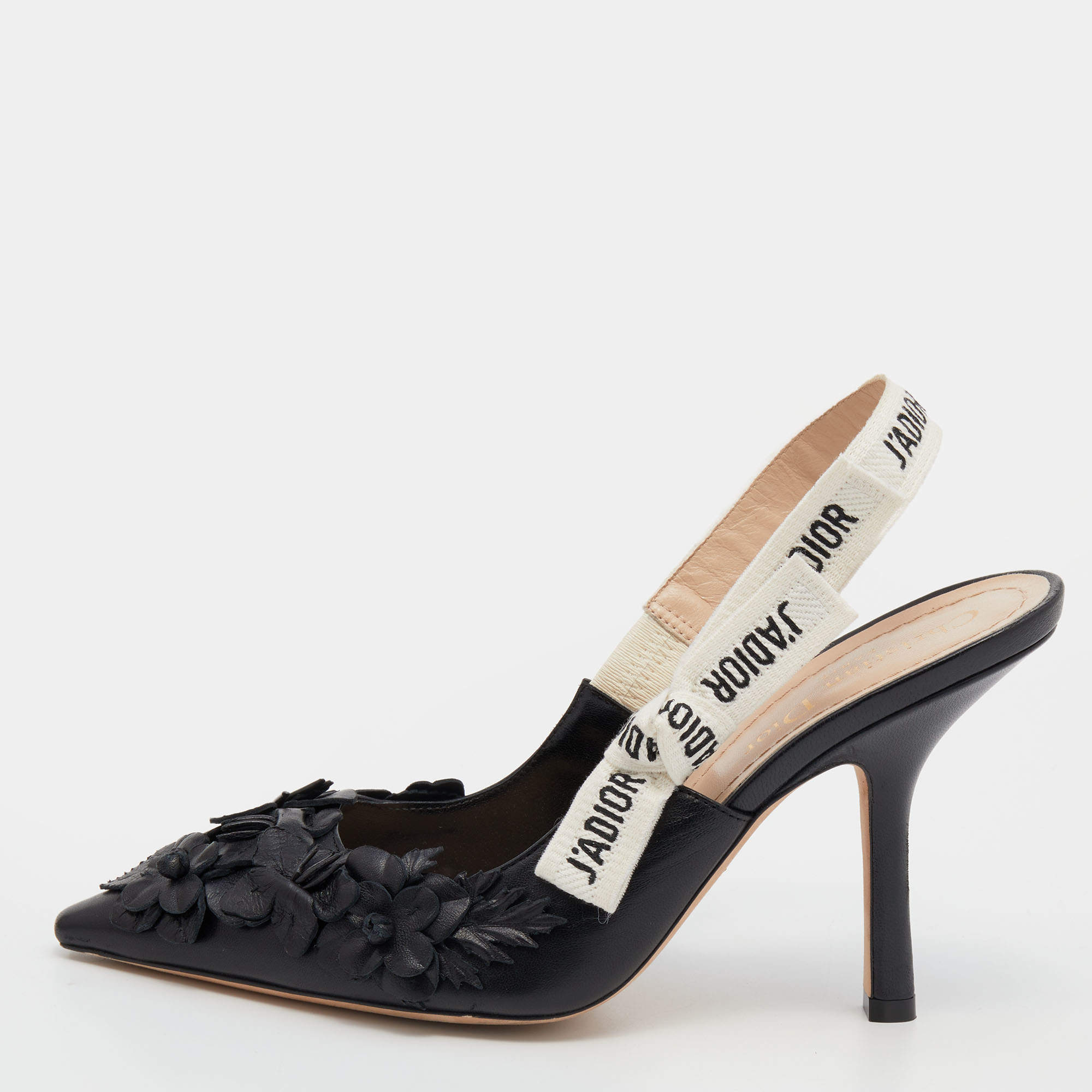 Pre Owned Dior Black Leather Applique Flowers J'Adior Pointed Toe Slingback Sandals Size 37