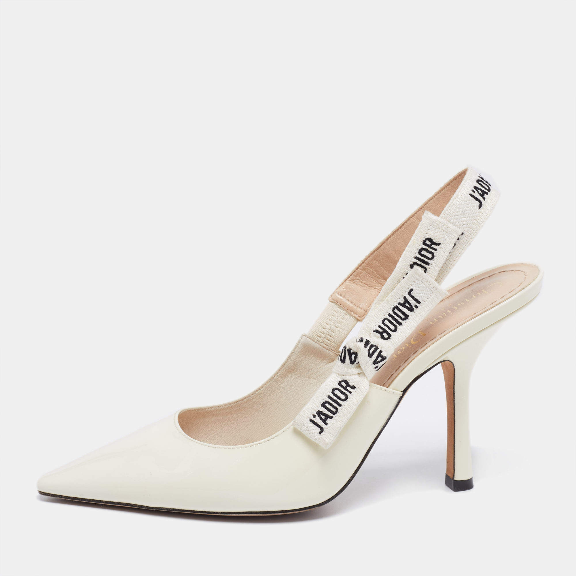 مملوكة مسبقًا Dior White Patent Leather J'adior Slingback Pointed Toe Sandals Size 38.5