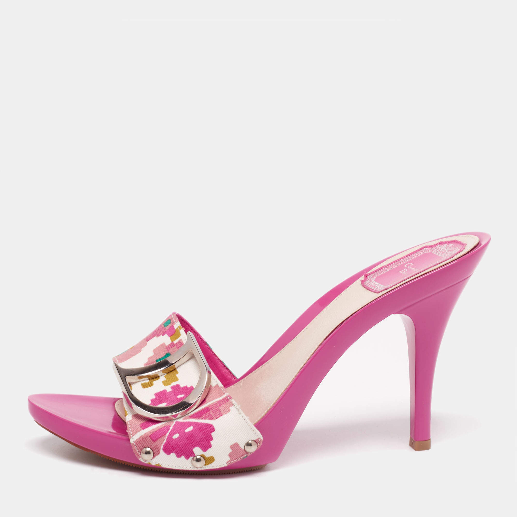 Dior Multicolor Printed Canvas Logo Open Toe Slide Sandals Size 40.5