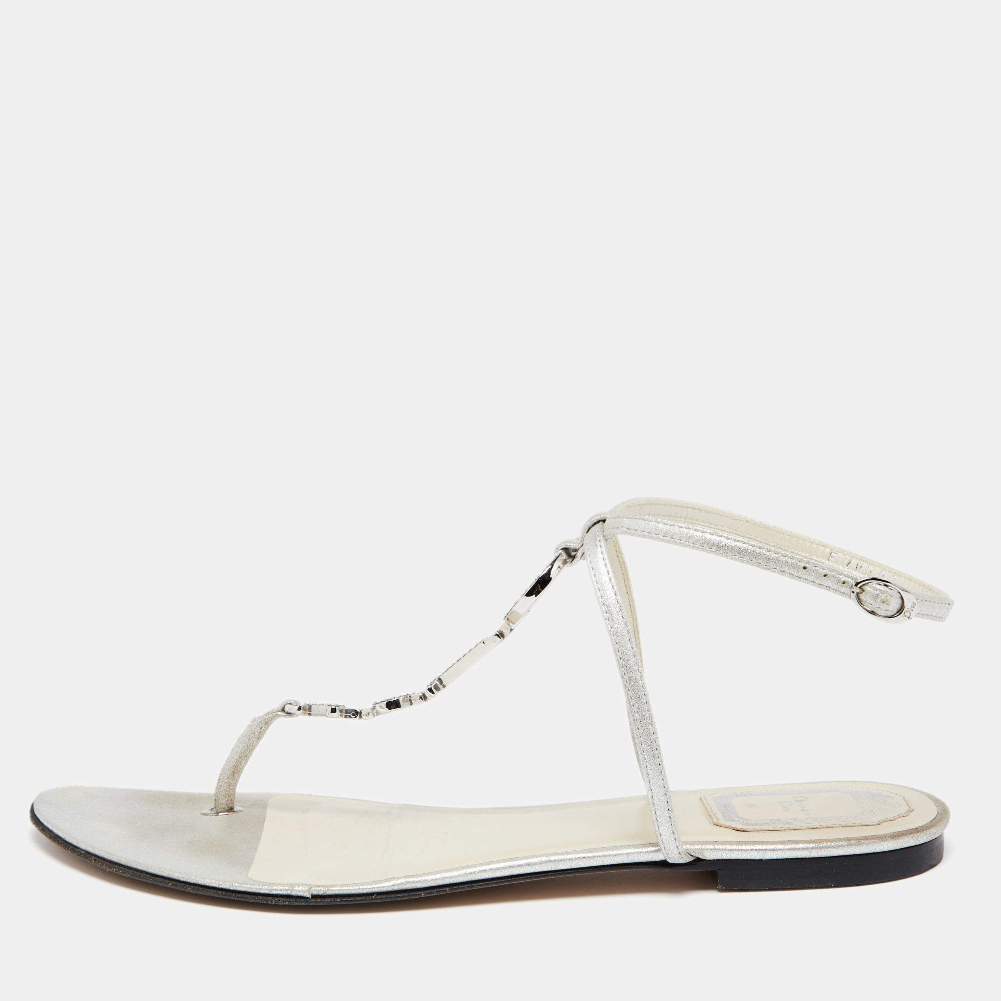 مملوكة مسبقًا Dior Metallic Silver Leather Crystal Embellished T-Strap Flat Sandals Size 39