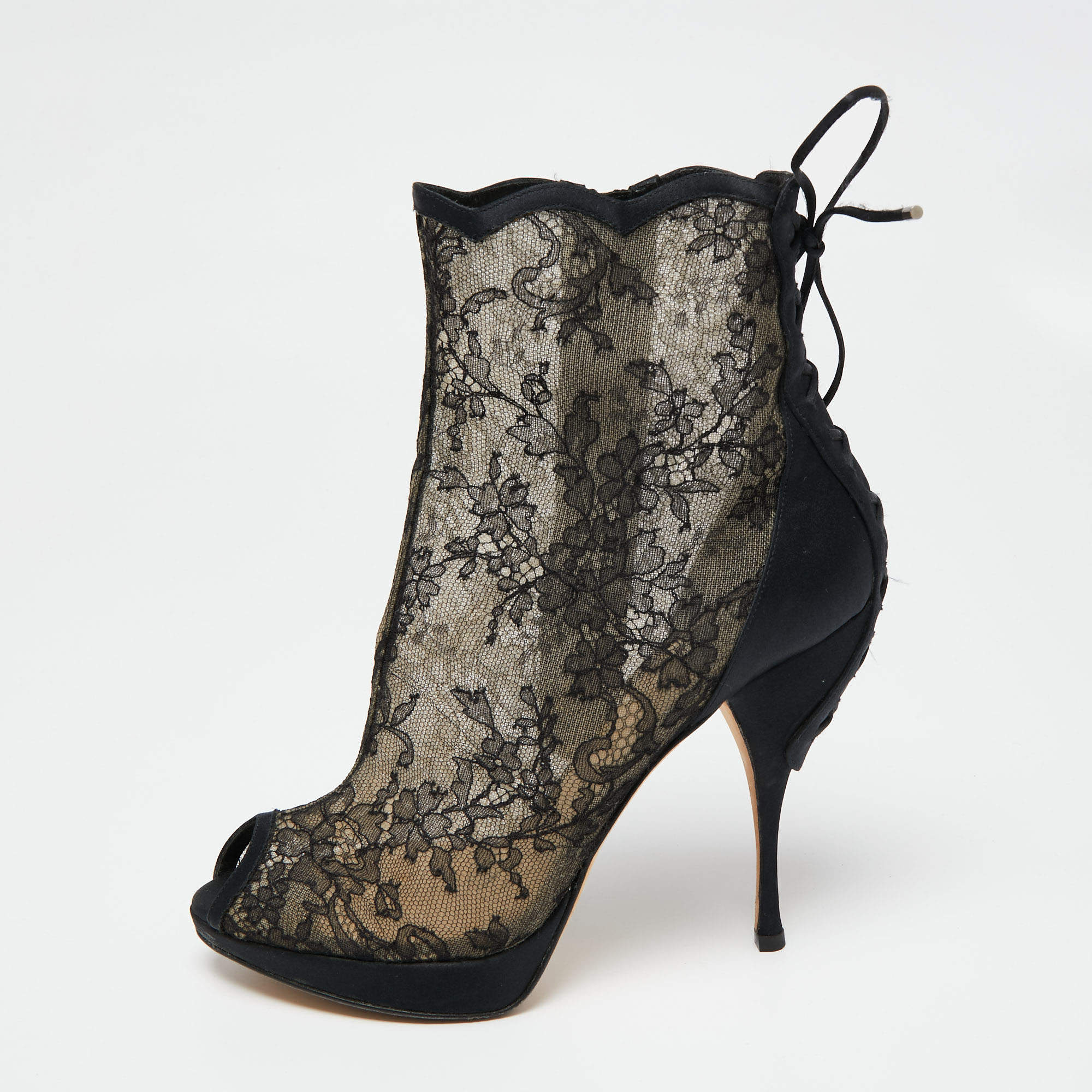 Dior Black Lace And Satin Mock Lace Up Peep Toe Ankle Booties Size 39