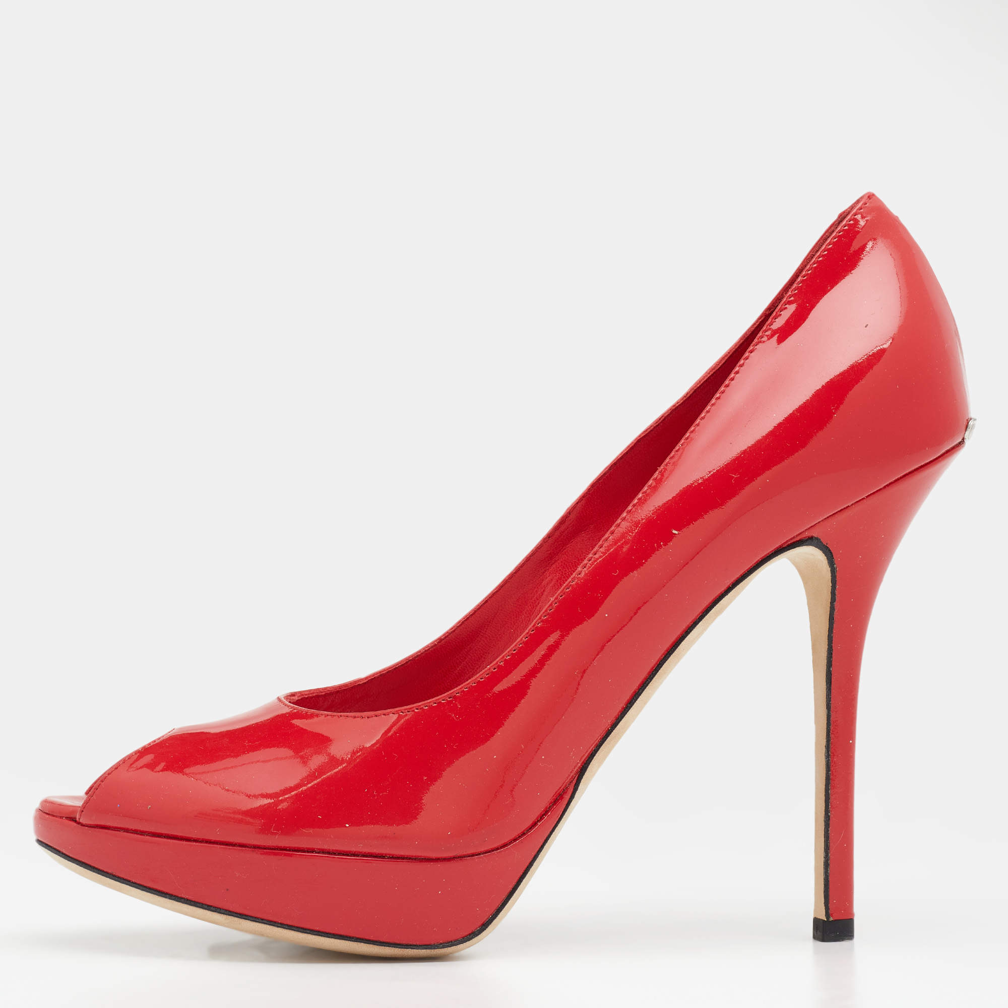 Pre Owned Dior Navy Red Patent Leather Miss Dior Peep-Toe Pumps Size 38.5