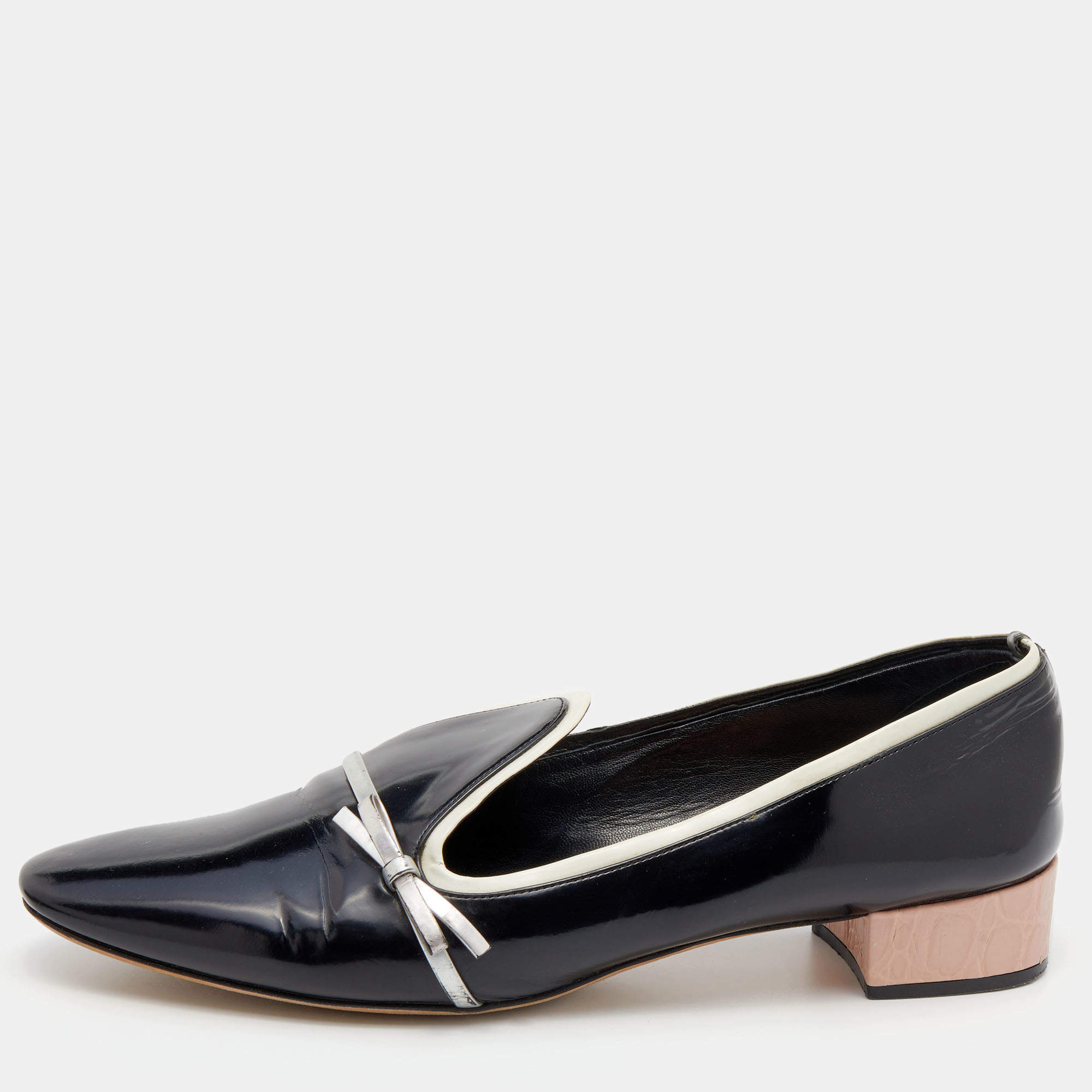 Pre Owned Dior Black/Silver Leather Bow Smoking Slippers Size 41