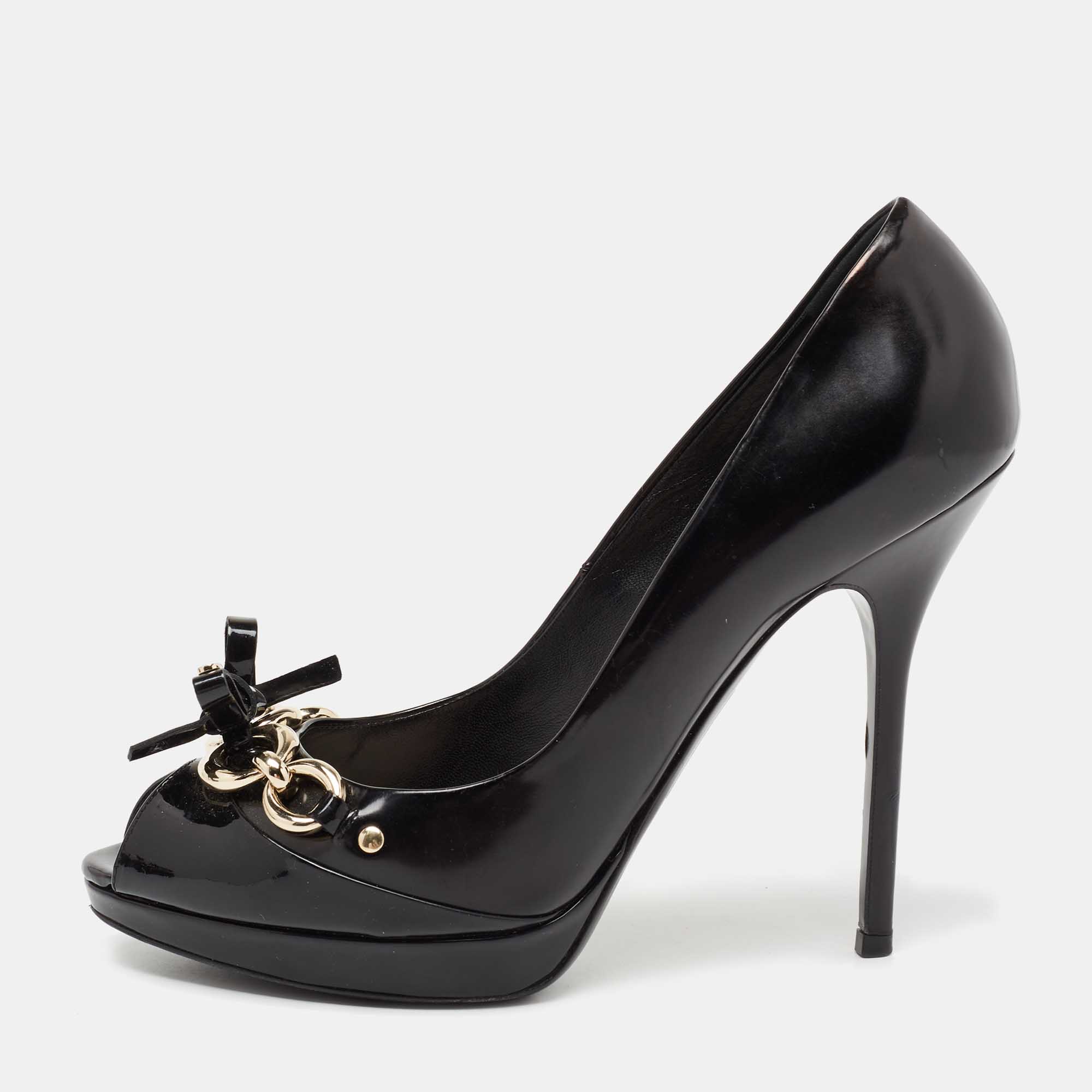 Pre Owned Dior Black Patent Leather Bow Chain Detail Peep Toe Pumps Size 39