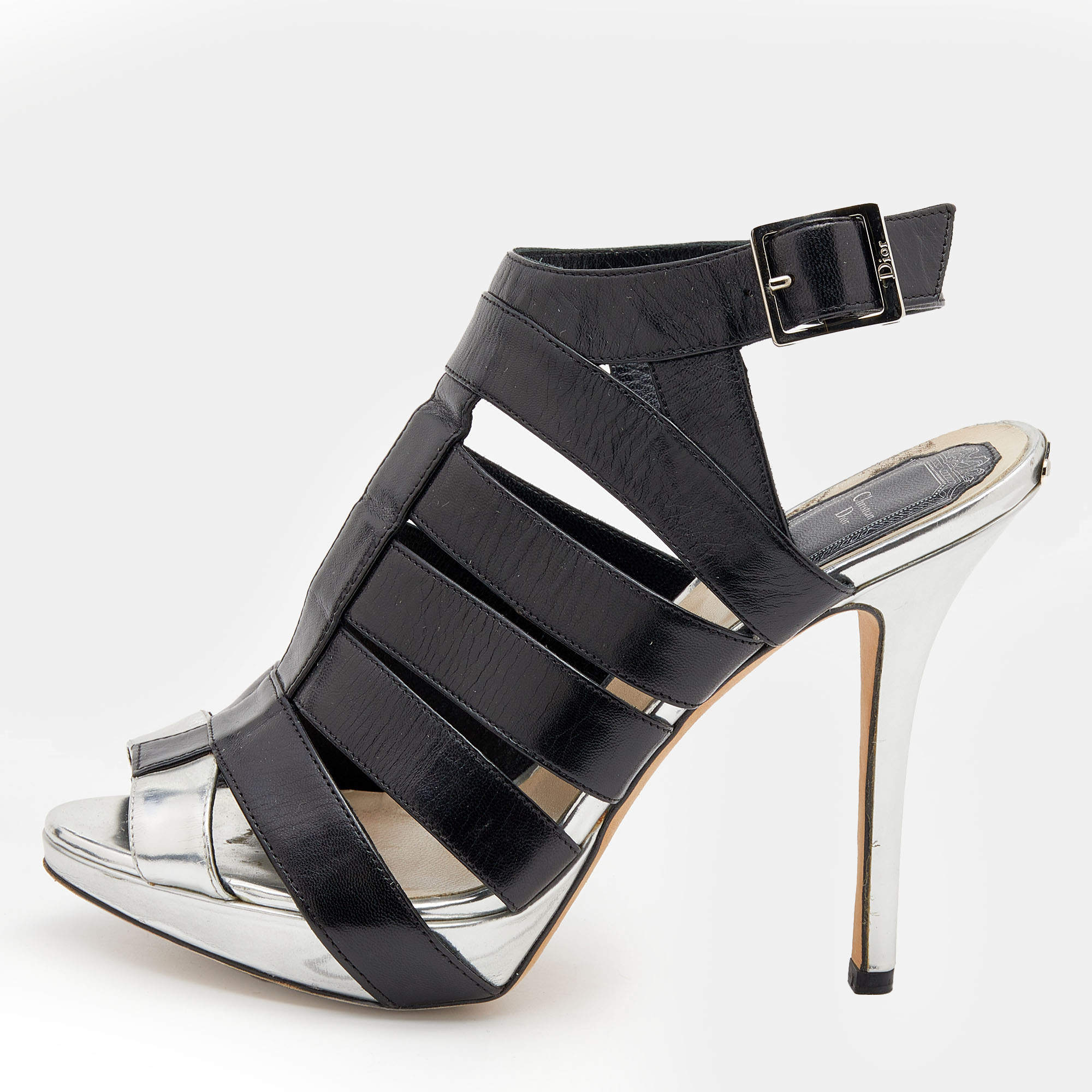 Dior Black/Silver Leather Strappy Platform Sandals Size 37