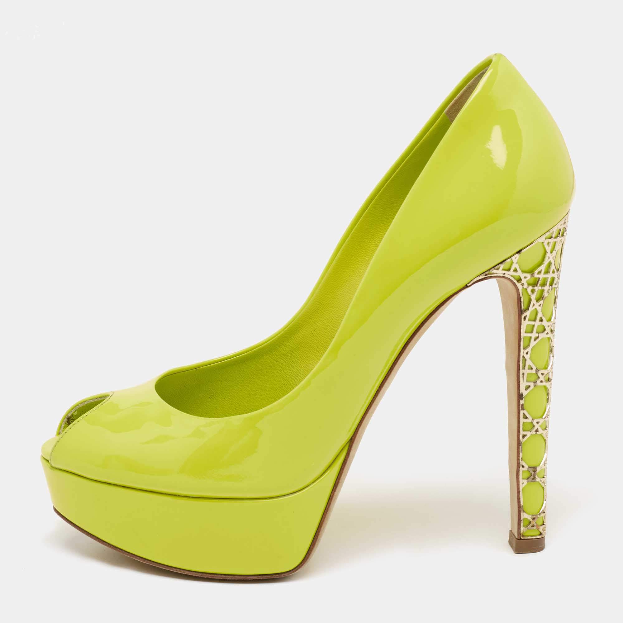 Pre Owned Dior Green Patent Leather Peep Toe Cannage Heel Platform Pumps Size 36