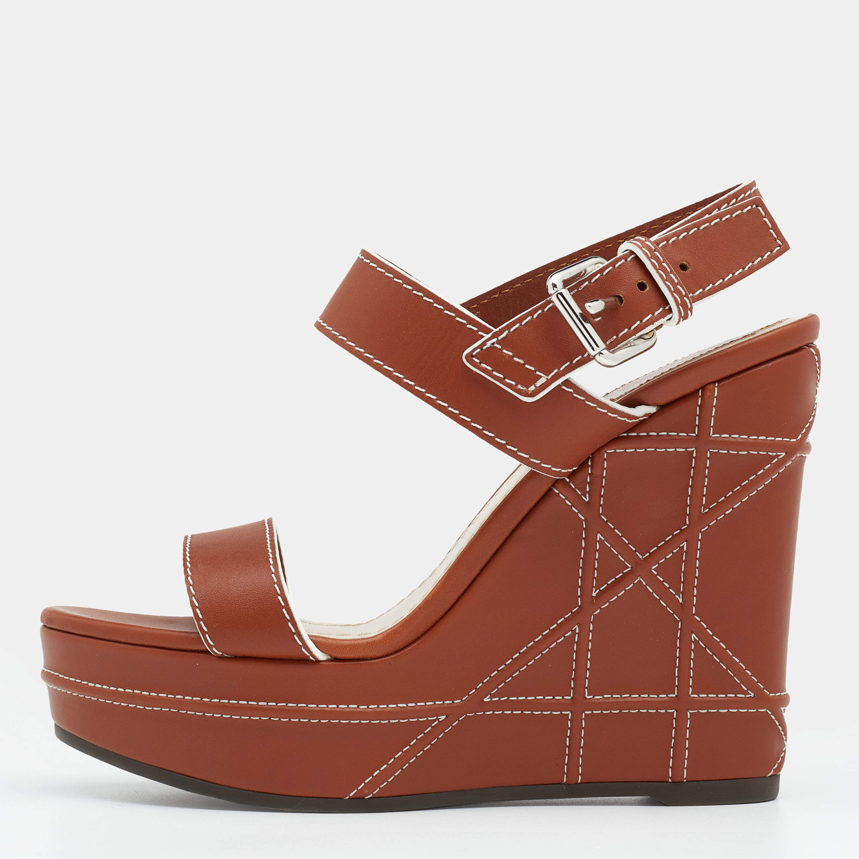 Pre Owned Dior Brown Leather Yacht Platform Wedge Sandals Size 37