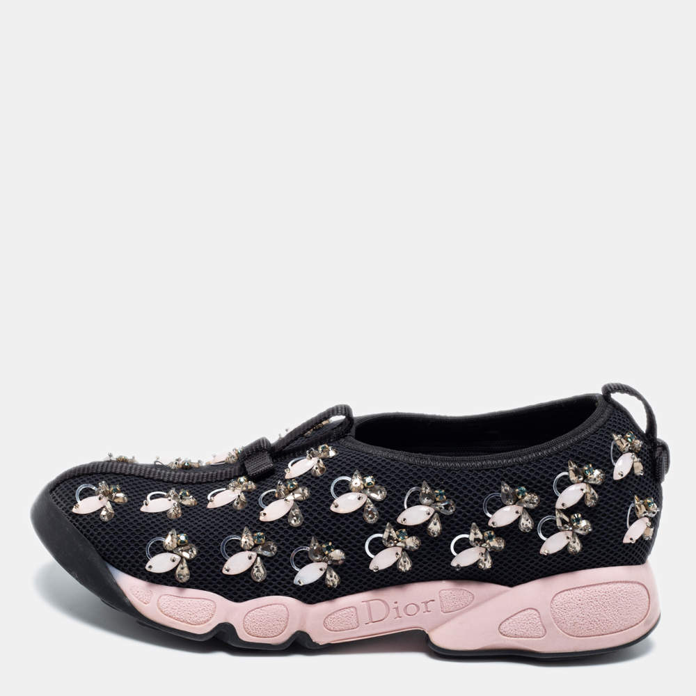 Pre Owned Dior Black/Pink Crystal Embellished Mesh Fusion Slip-On Sneakers Size 37.5