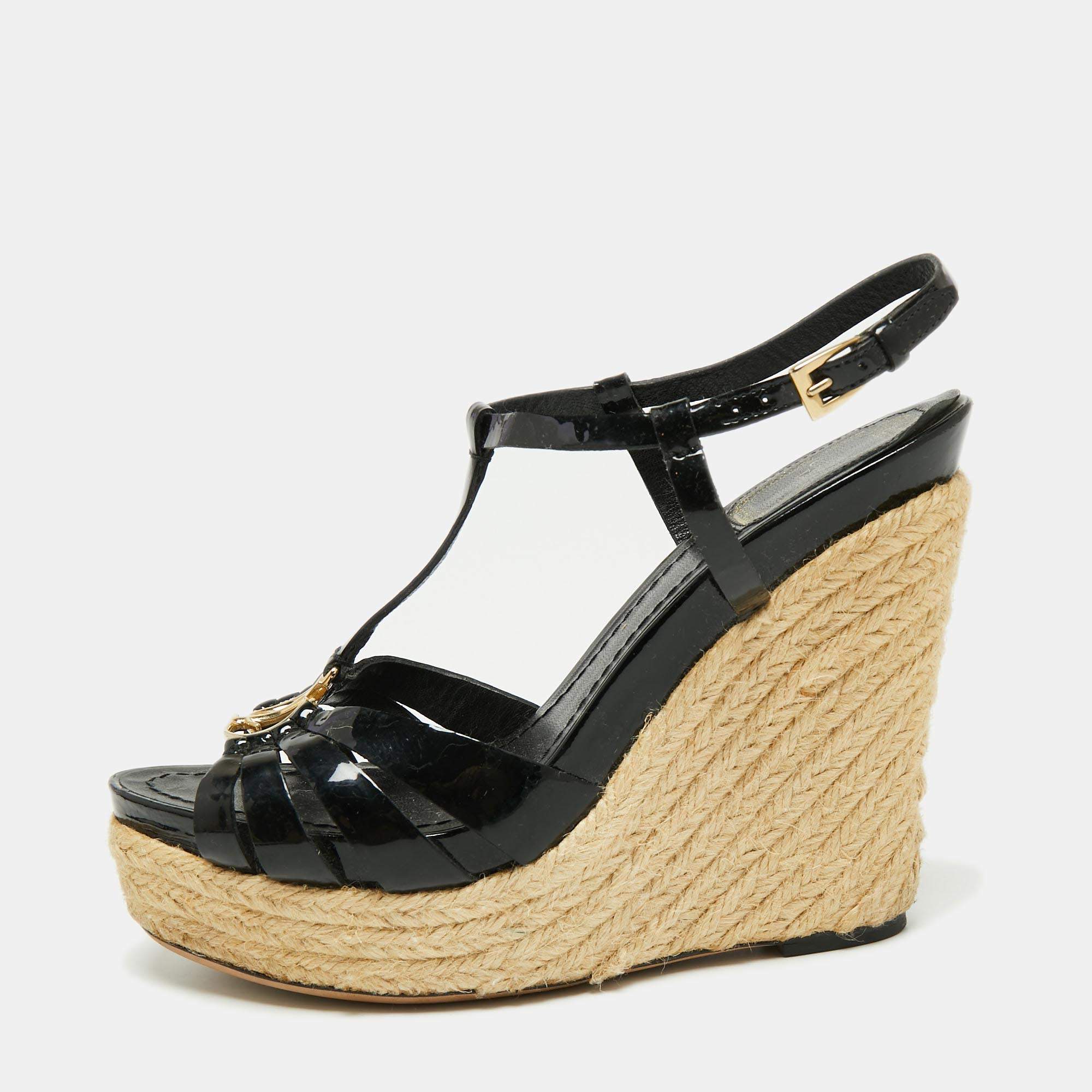 Dior Black Patent Leather T-Strap Espadrille Platform Wedge Sandals Size 38