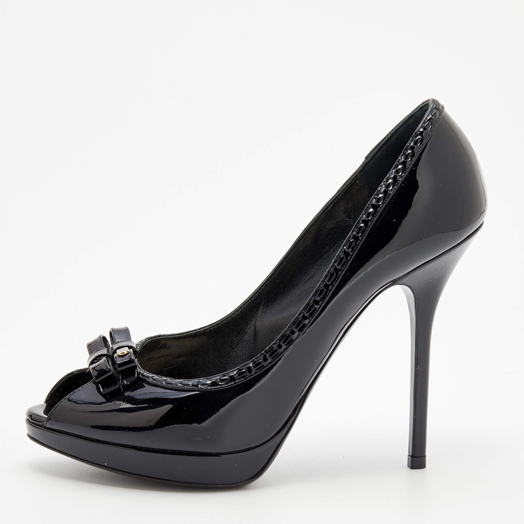 Dior Black Patent Leather Bow Peep Toe Platform Pumps Size 37.5