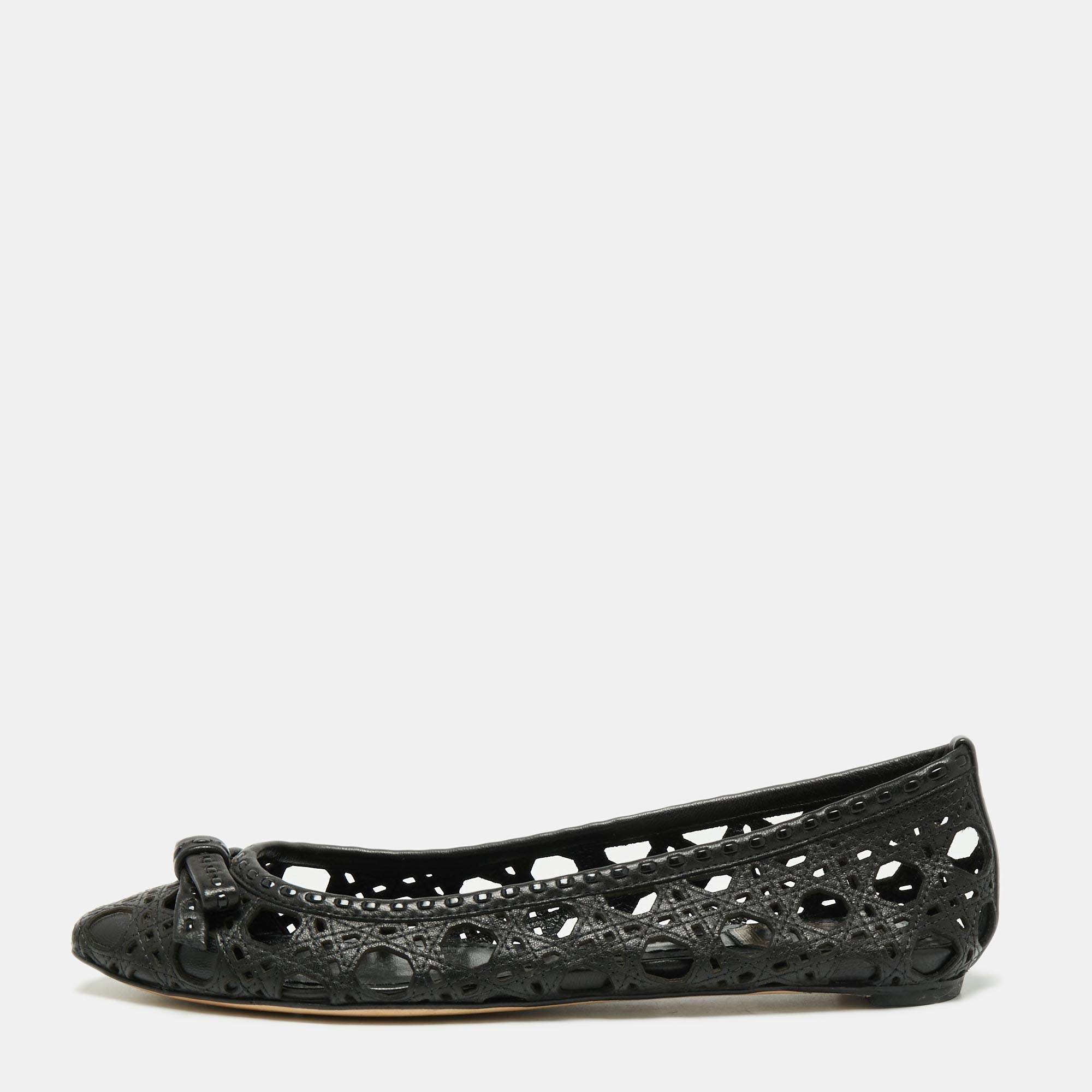 Dior Black Leather Cannage Cutout Bow Ballet Flats Size 37
