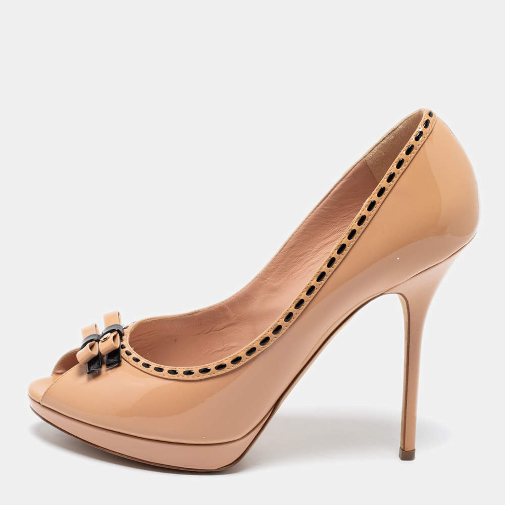 Pre Owned Dior Beige Patent Leather Double Bow Peep Toe Pumps Size 41