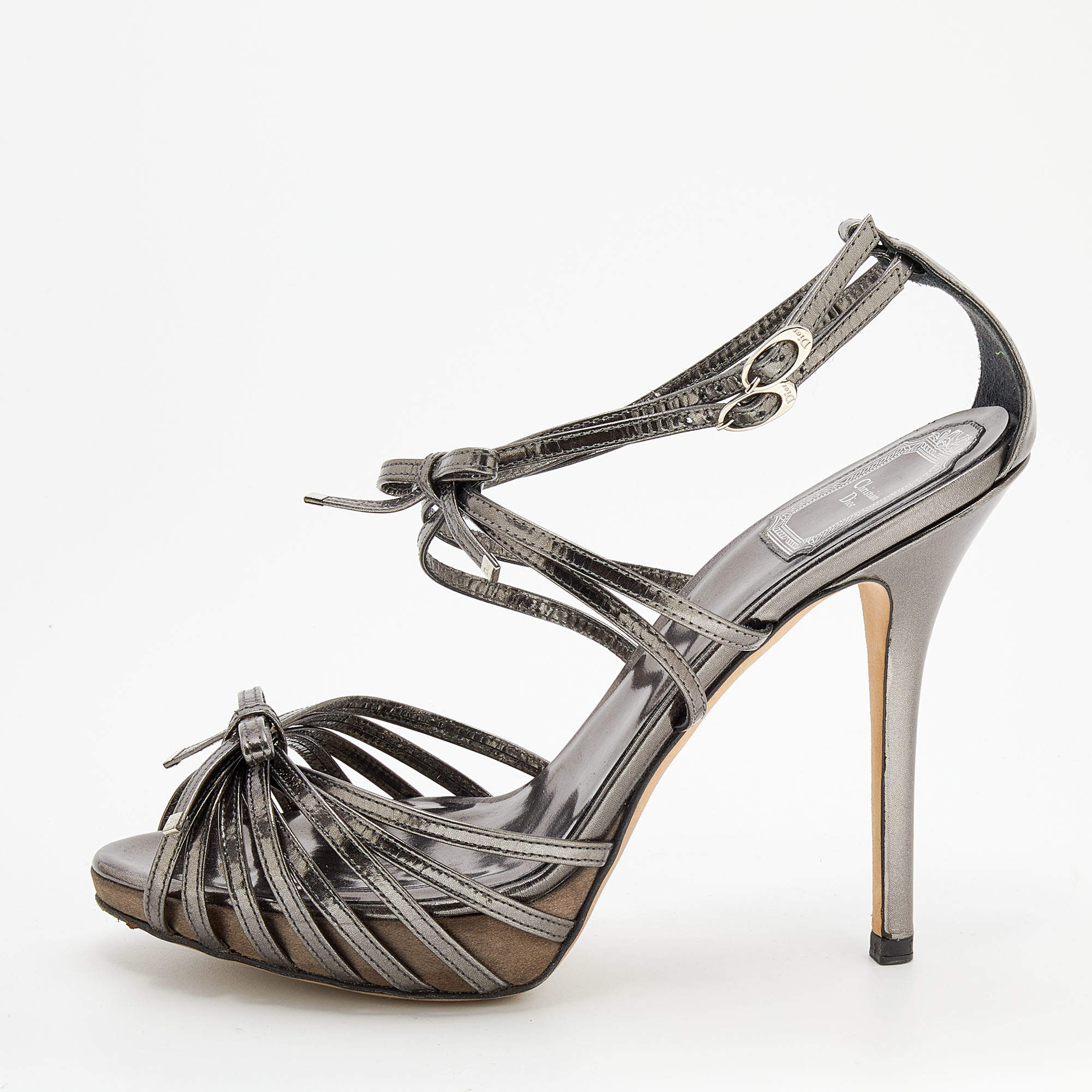 Dior Metallic Dark Grey Leather Strappy Platform Sandals Size 38