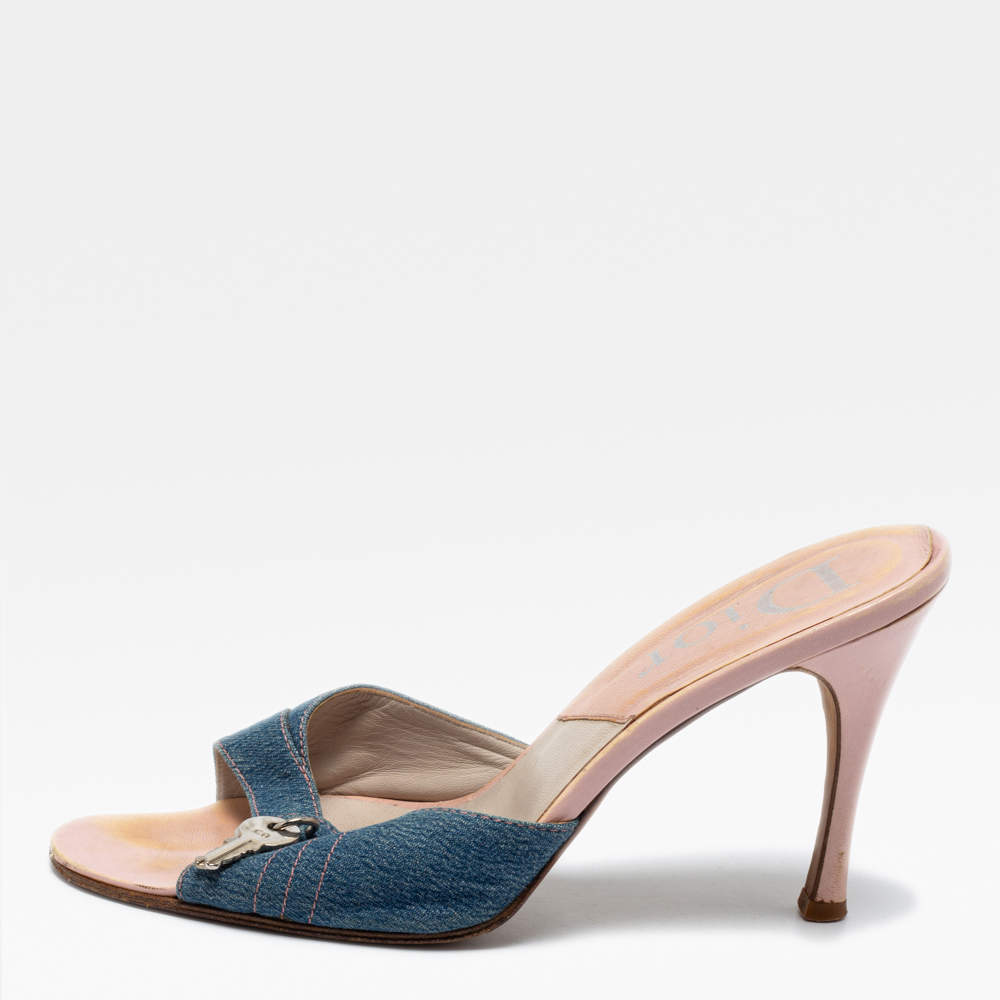Dior Blue Denim Lock and Key Charm Slide Sandals Size 39.5