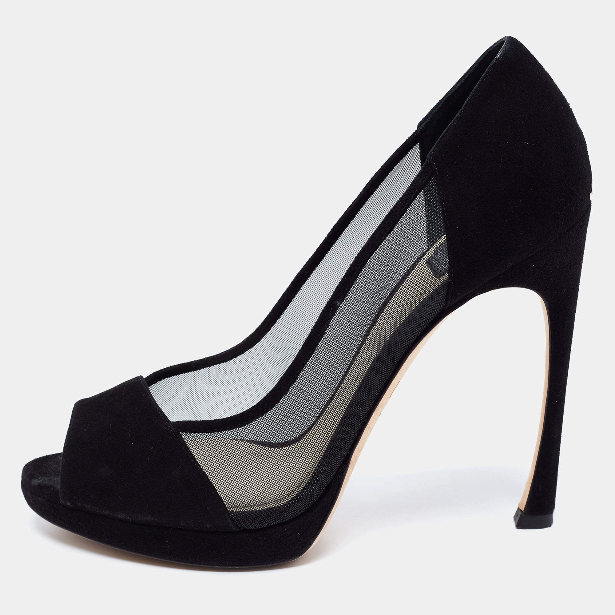 Dior Black Suede and Mesh Peep-Toe Pumps Size 39