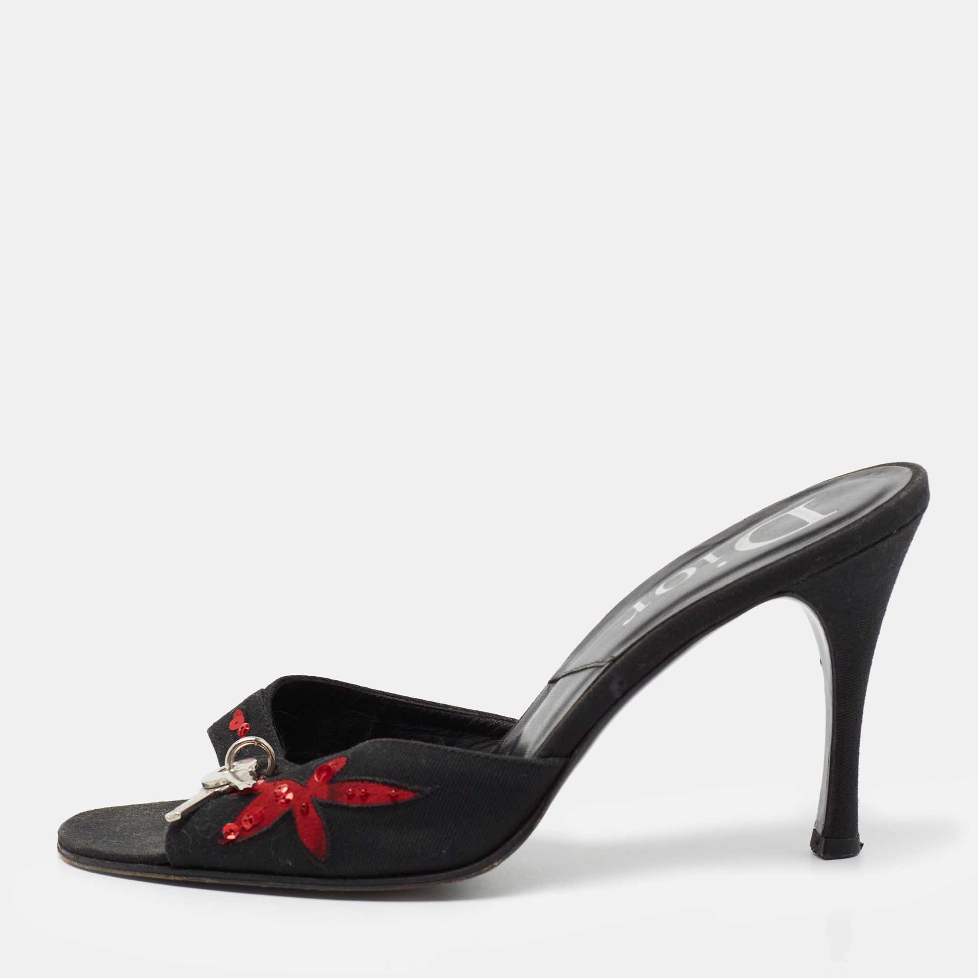 Pre Owned Dior Black Canvas Lock and Key Mule Sandals Size 39