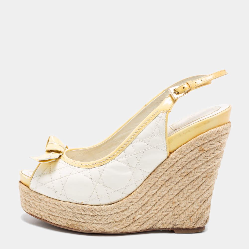 Pre Owned Dior Off-White/Light Yellow Cannage Patent Leather Peep-Toe Espadrille Wedge Platform Slingback Sandals Size 38