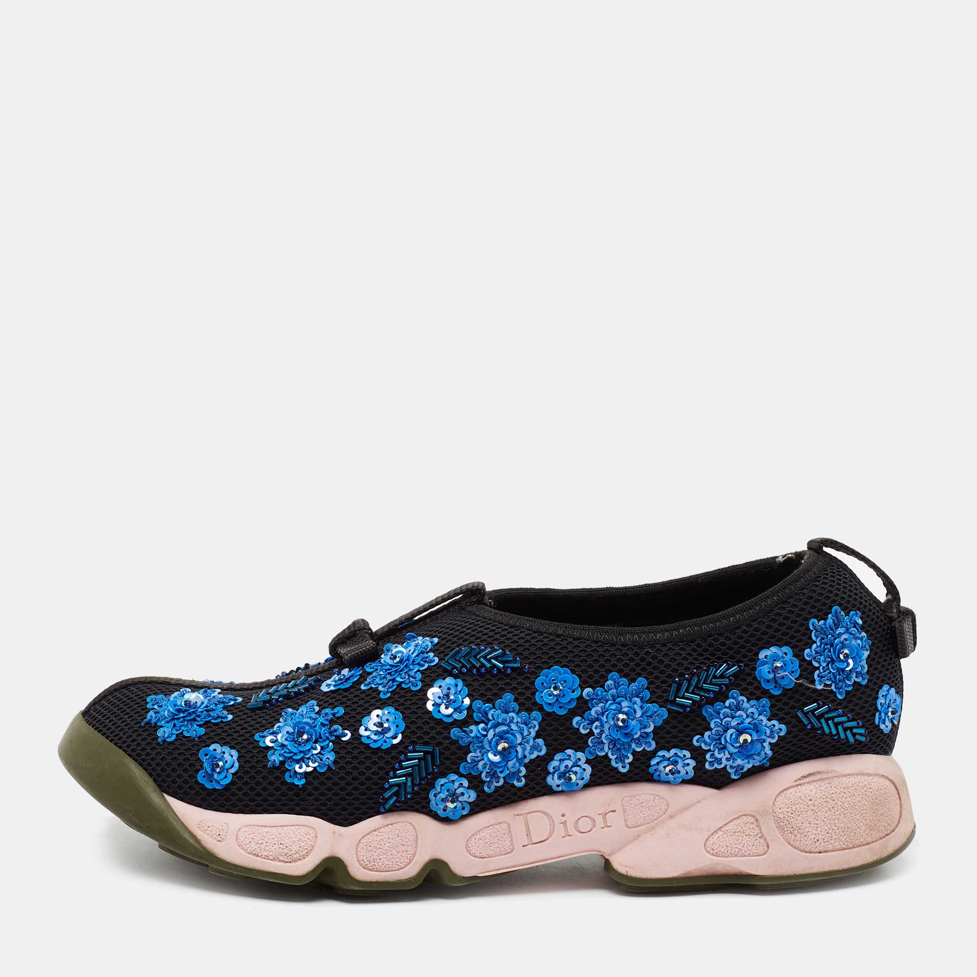 Dior Black Mesh Fusion Floral Crystal Embellished Slip On Sneakers Size 37