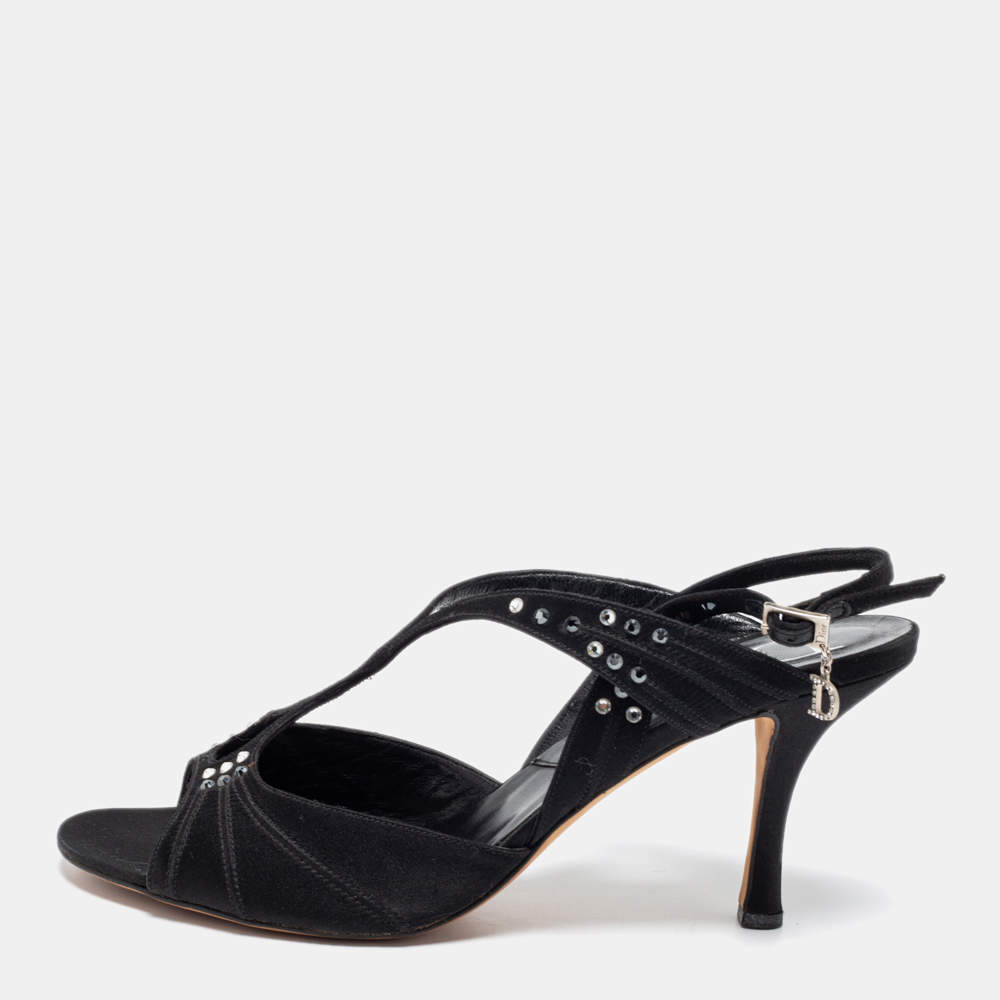 Pre Owned Dior Black Satin Crystal Embellished Slingback Sandals Size 37