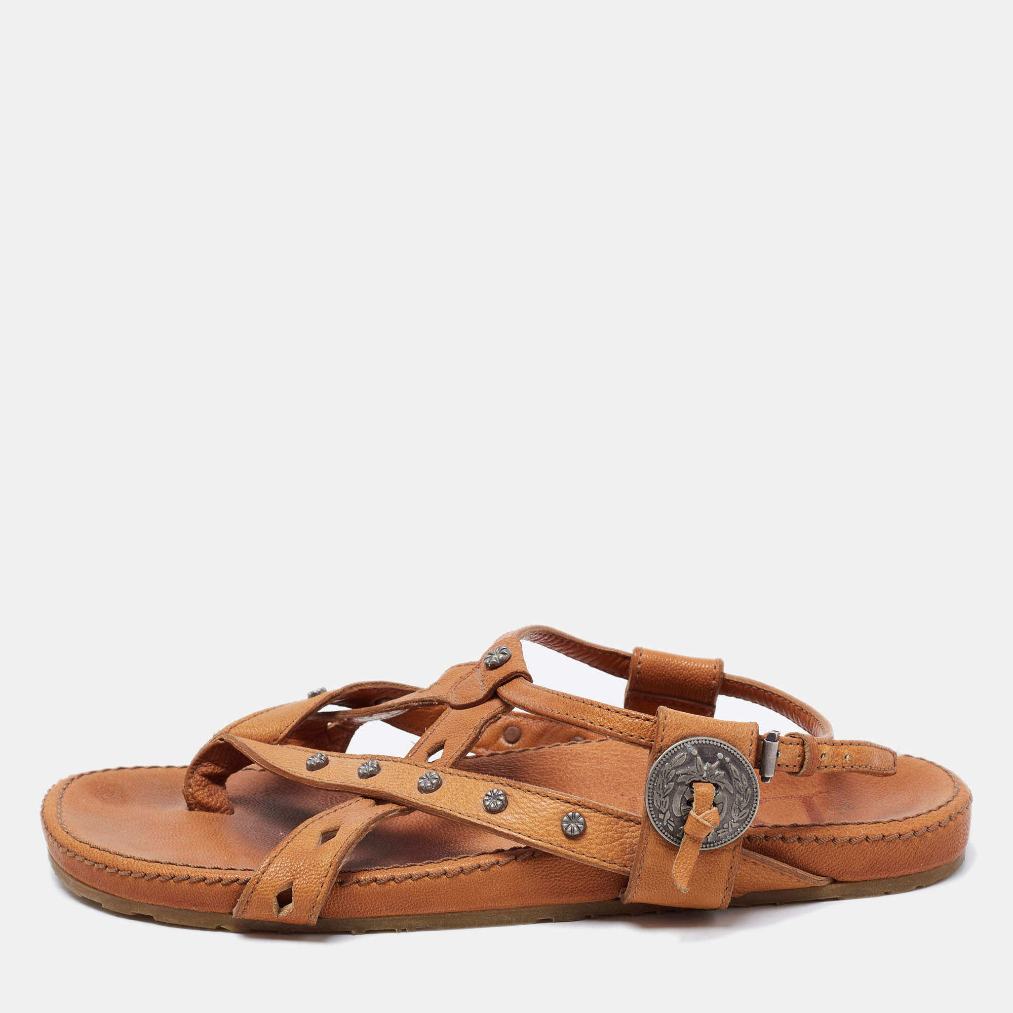 Pre Owned Dior Brown Leather Flat Slingback Sandals Size 39.5 