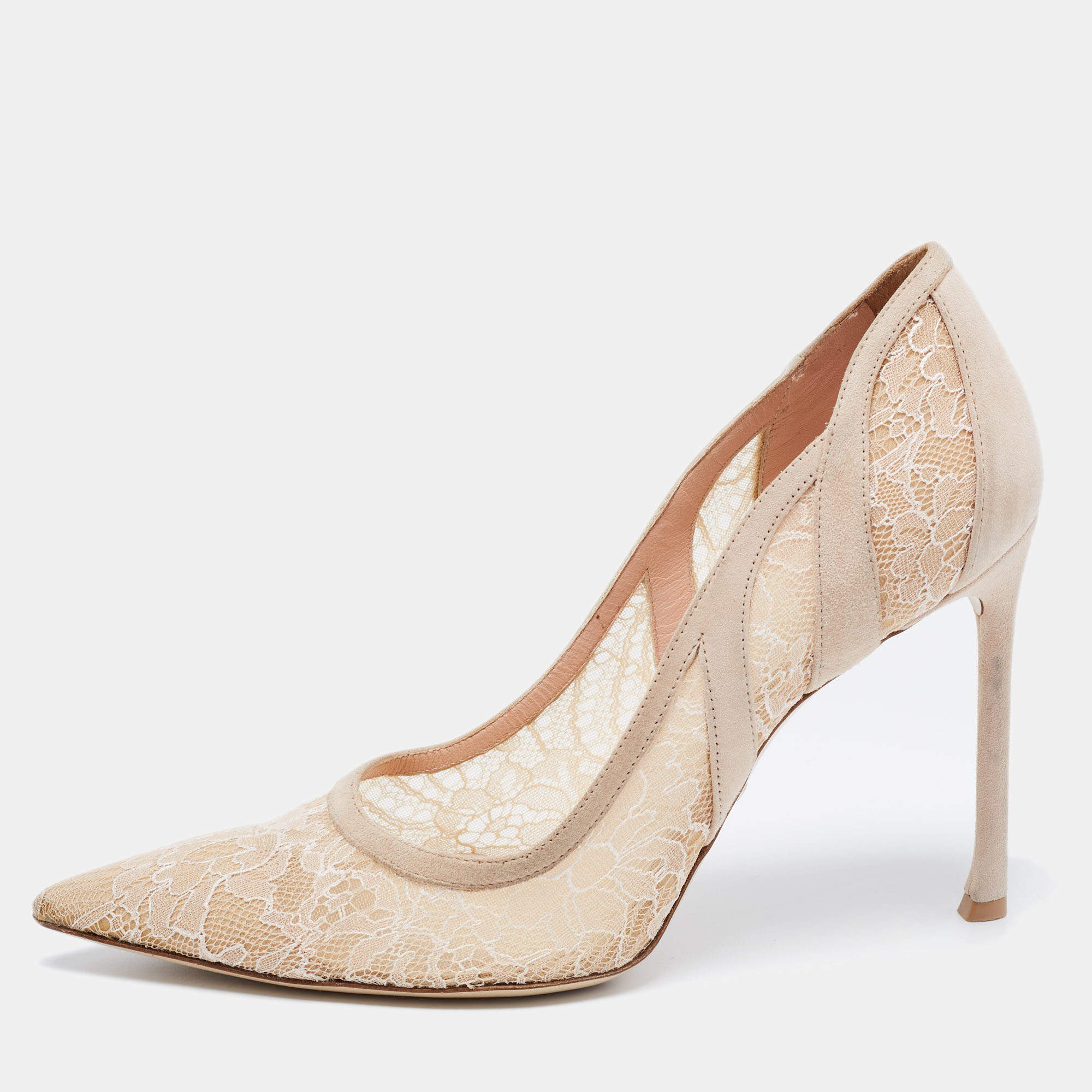 Pre Owned Dior Beige Lace And Suede Chantilly Pointed Toe Pumps Size 39