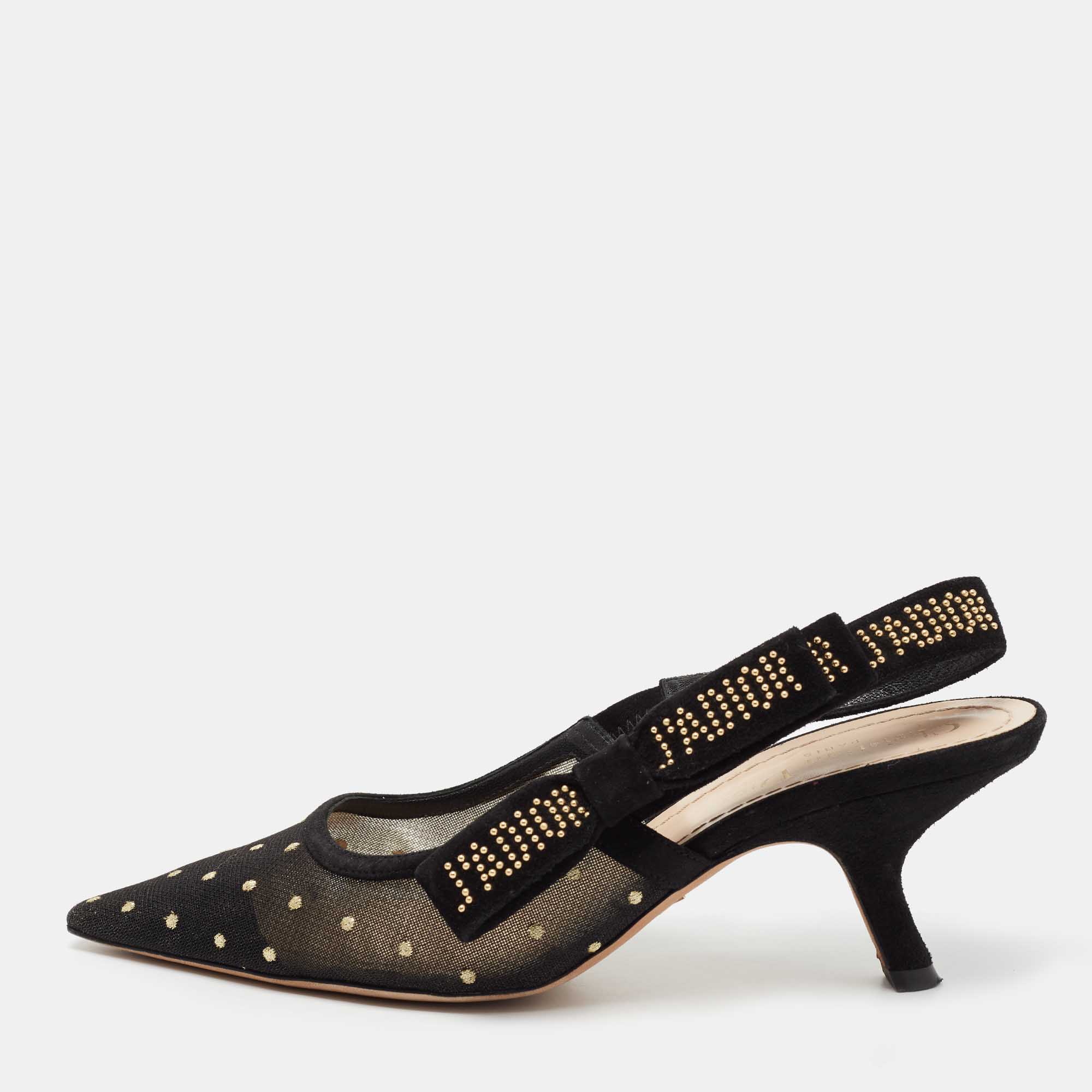 Dior Black Mesh And Suede J'adior Studded Pointed Toe Slingback Sandals Size 37