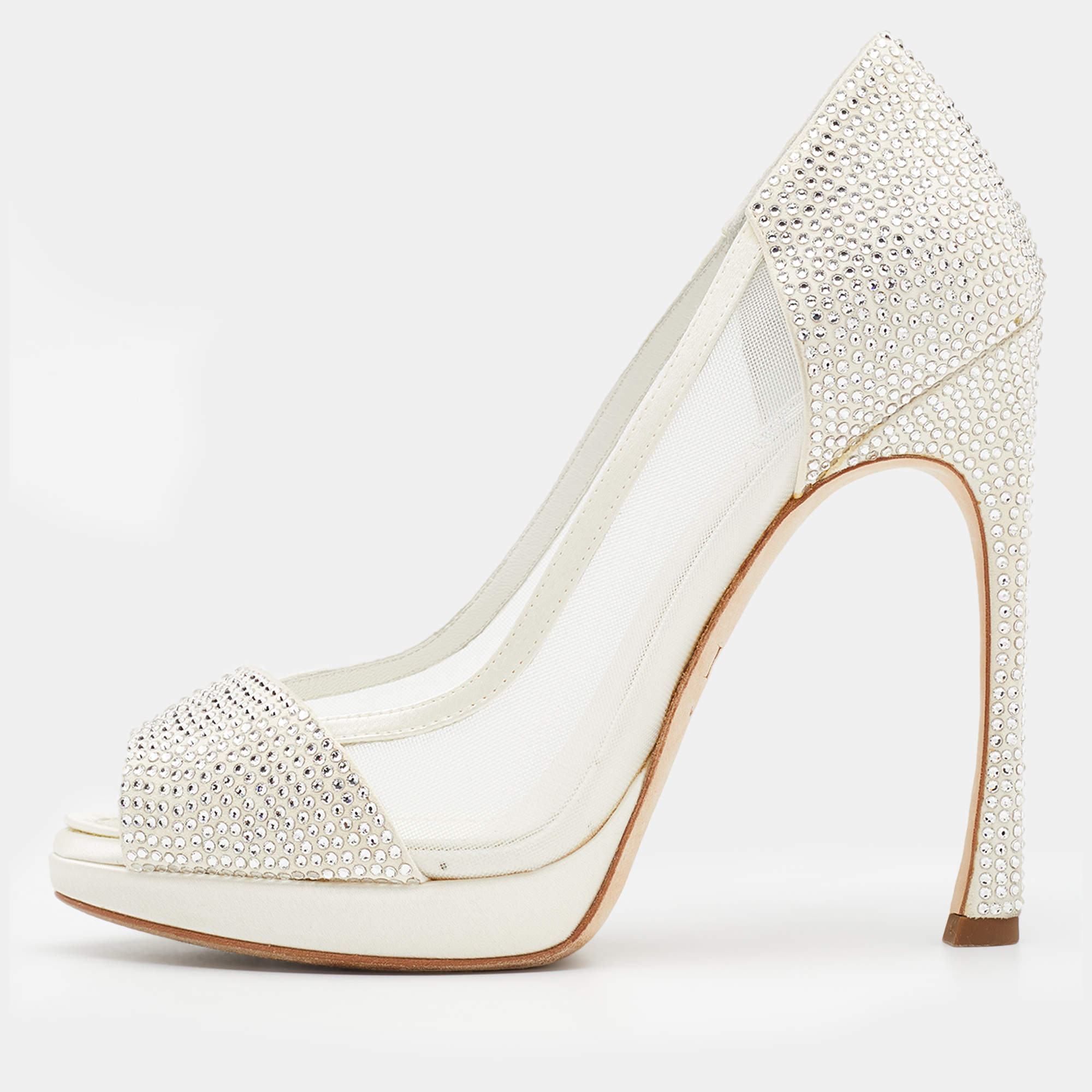 مملوكة مسبقًا Dior White Crystal Embellished Suede And Mesh Peep Toe Pumps Size 37
