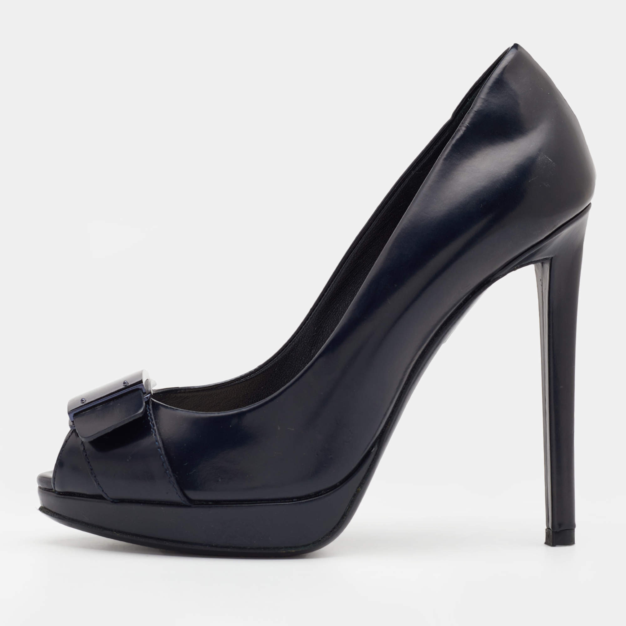 Pre Owned Dior Dark Blue Leather Embellished Peep Toe Pumps Size 35