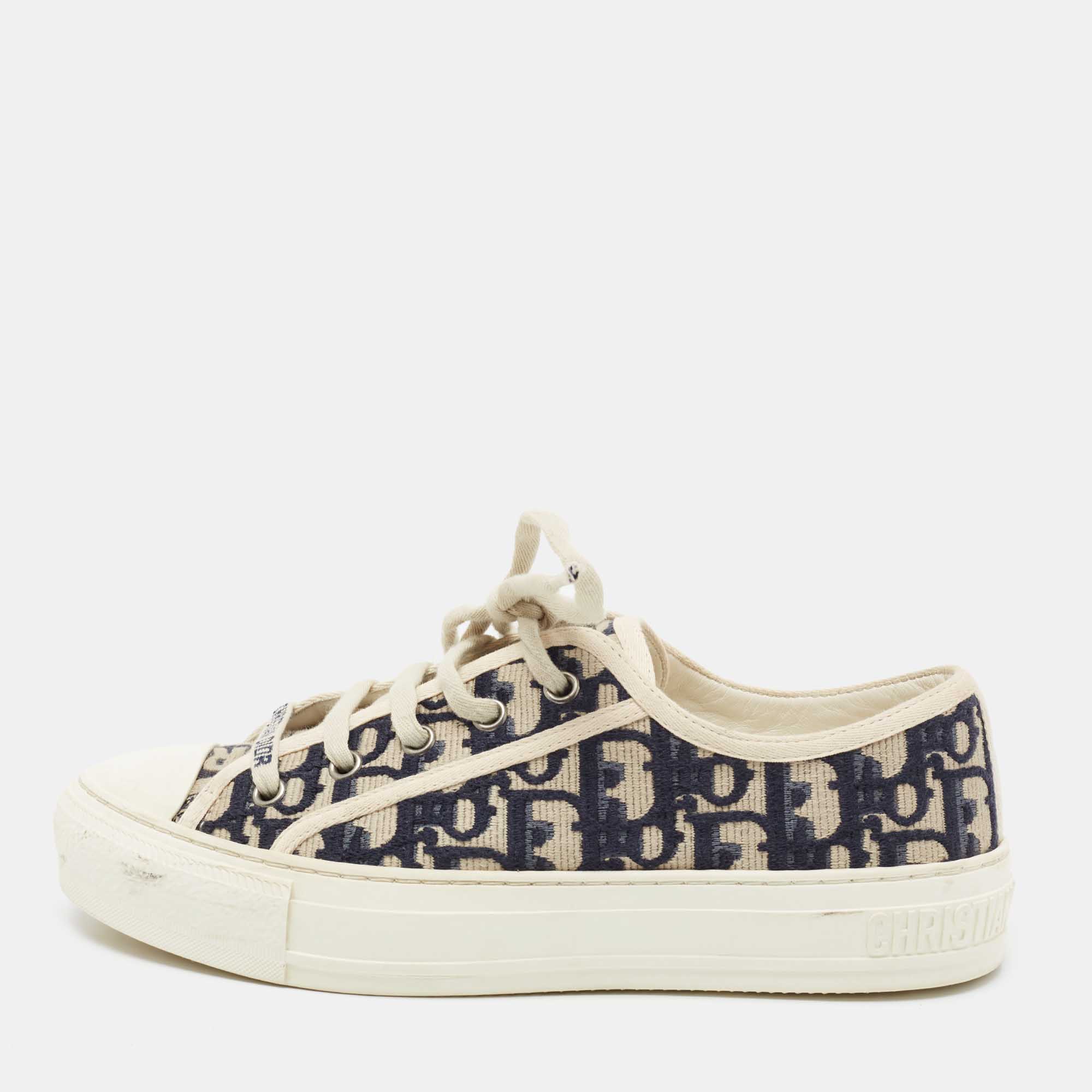 Dior White/Deep Blue Oblique Canvas Walk'n'Dior Low Top Sneakers Size 37