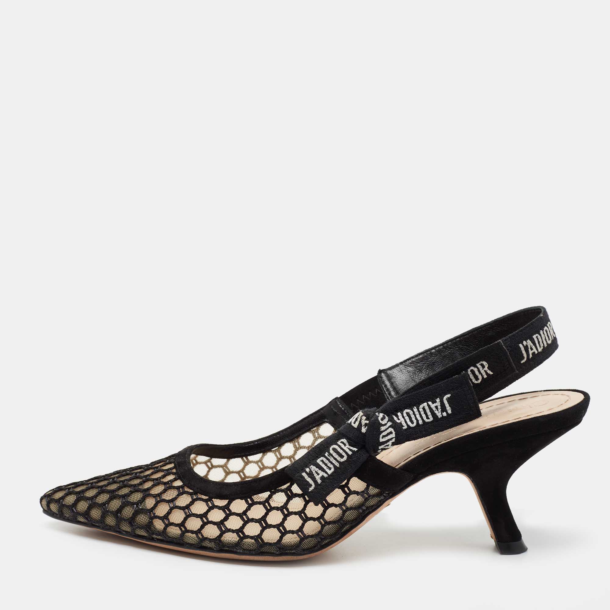 Pre Owned Dior Black Net and Suede Trim J'Adior Slingback Pumps Size 36.5