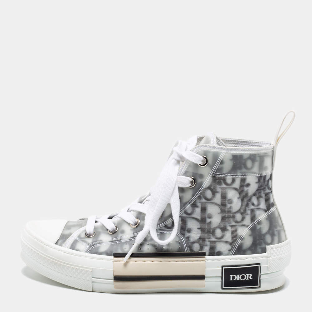 Pre Owned Dior White/Grey Mesh, PVC, Rubber and Oblique Canvas B23 High-Top Sneakers Size 37.5