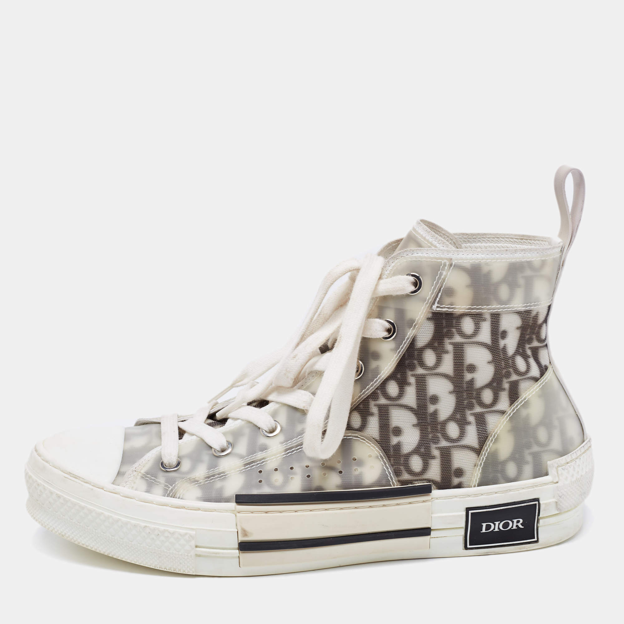Pre Owned Dior White/Black PVC, Rubber and Oblique Mesh B23 High-Top Sneakers Size 39