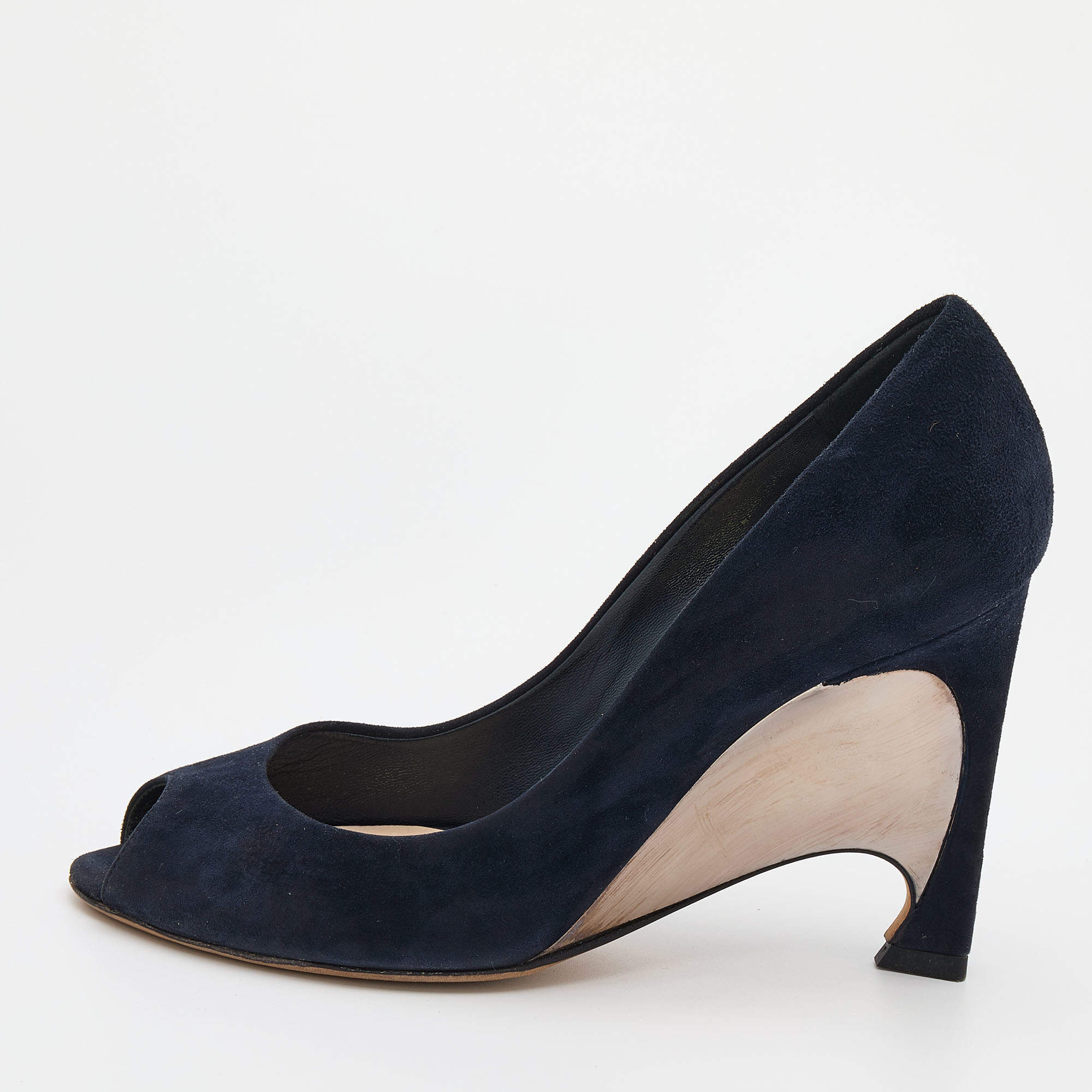 Pre Owned Dior Navy Blue Suede Peep Toe Optique Wedge Pumps Size 38.5