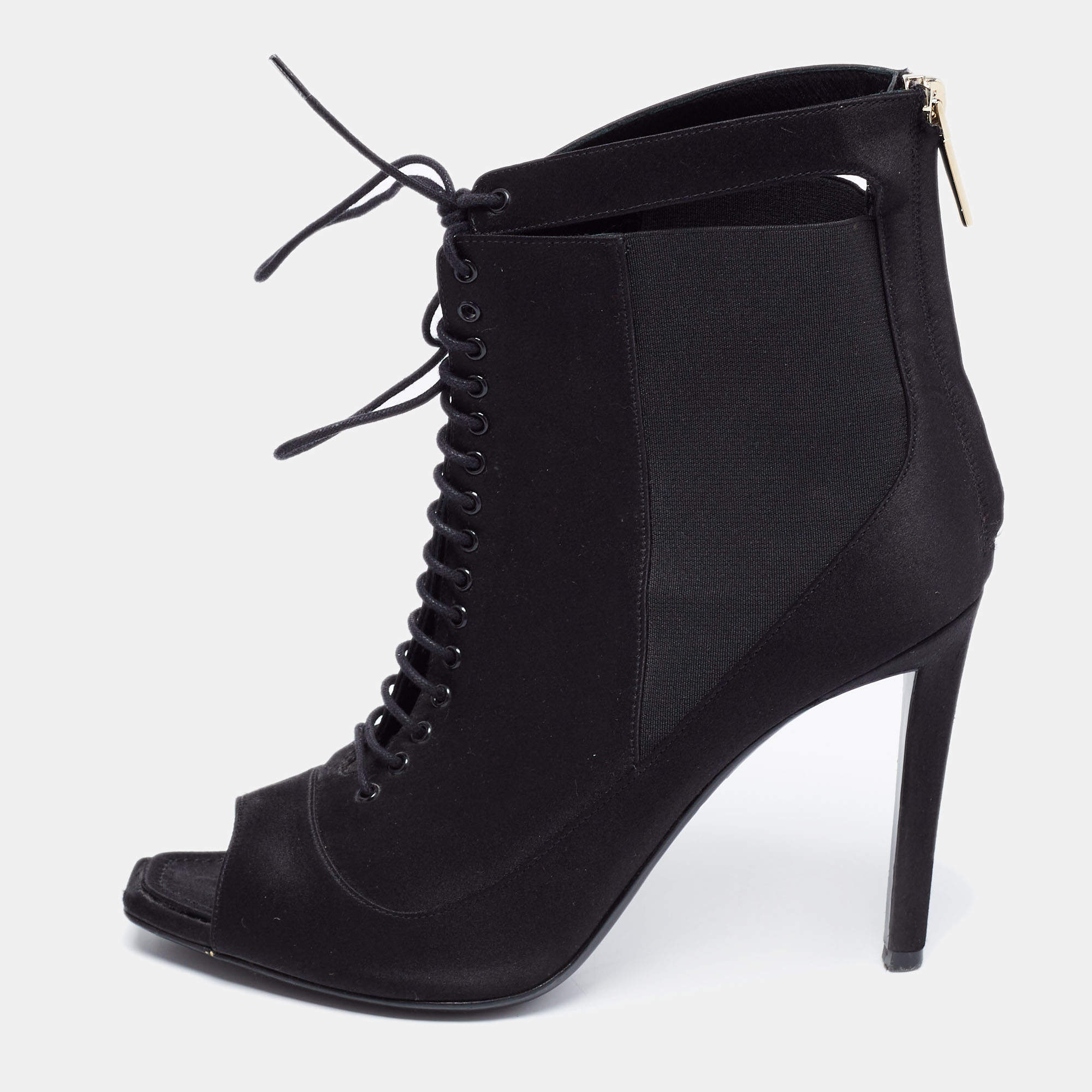 Dior Black Satin Peep-Toe Lace-Up Ankle Booties Size 38
