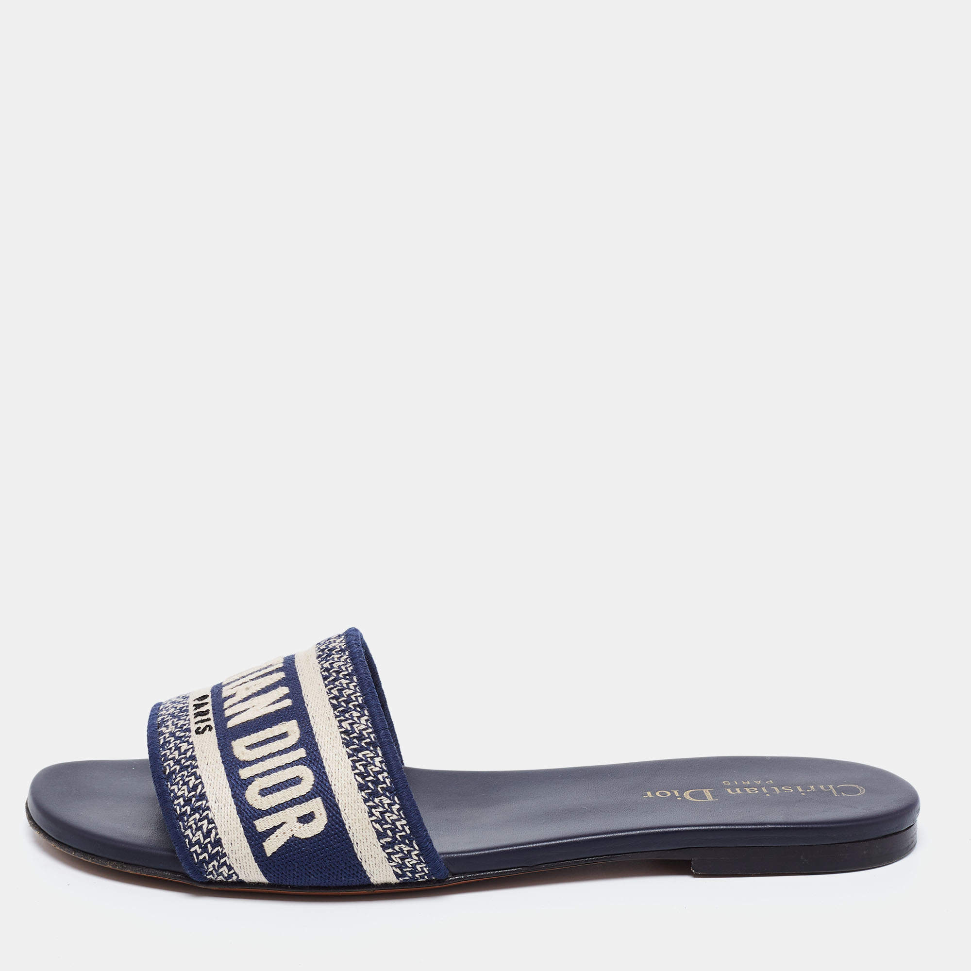 مملوكة مسبقًا Dior Navy Blue/White Embroidered Canvas Dway Flat Slides Size 38.5