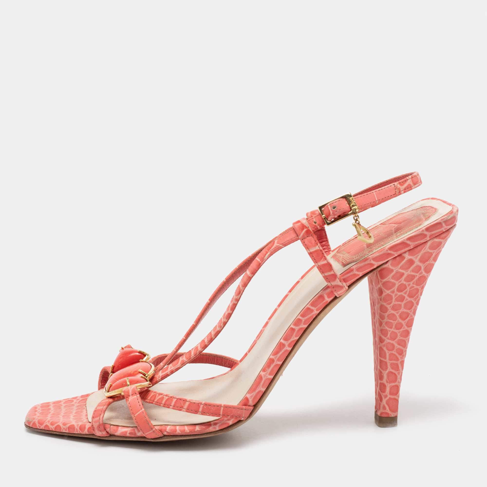 Pre Owned Dior Peach Pink Snake Print Leather Crystal Embellished Slingback Sandals Size 38