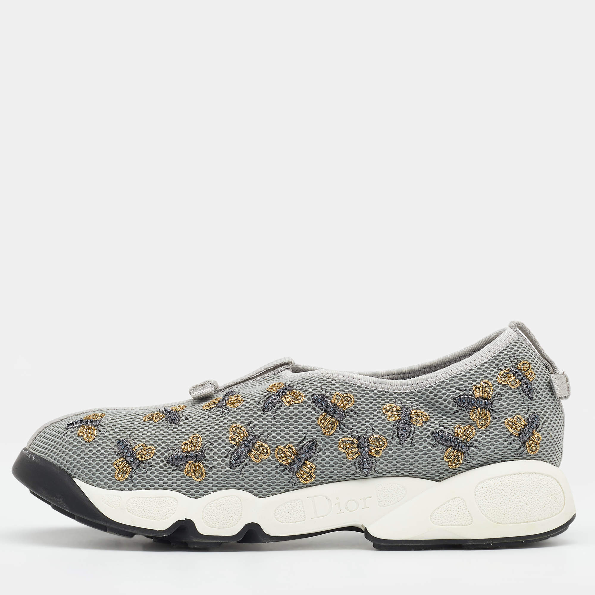 Pre Owned Dior Grey Fabric Fusion Embroidered Low Top Sneakers Size 38