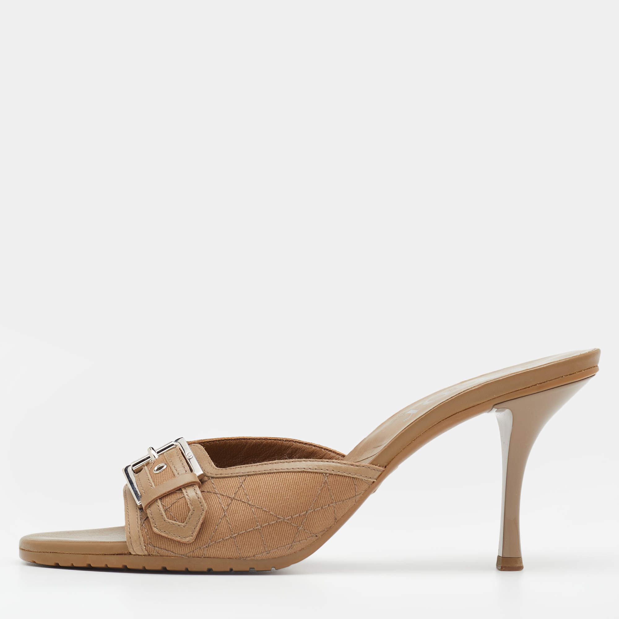 Pre Owned Dior Brown Canvas and Leather Buckle Slides Sandals Size 38.5