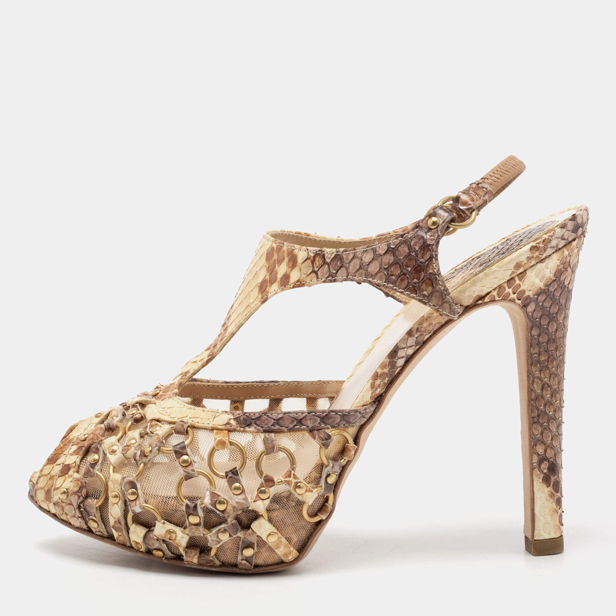 Dior Beige/Brown Python Leather T-strap Caged Sandals Size 37